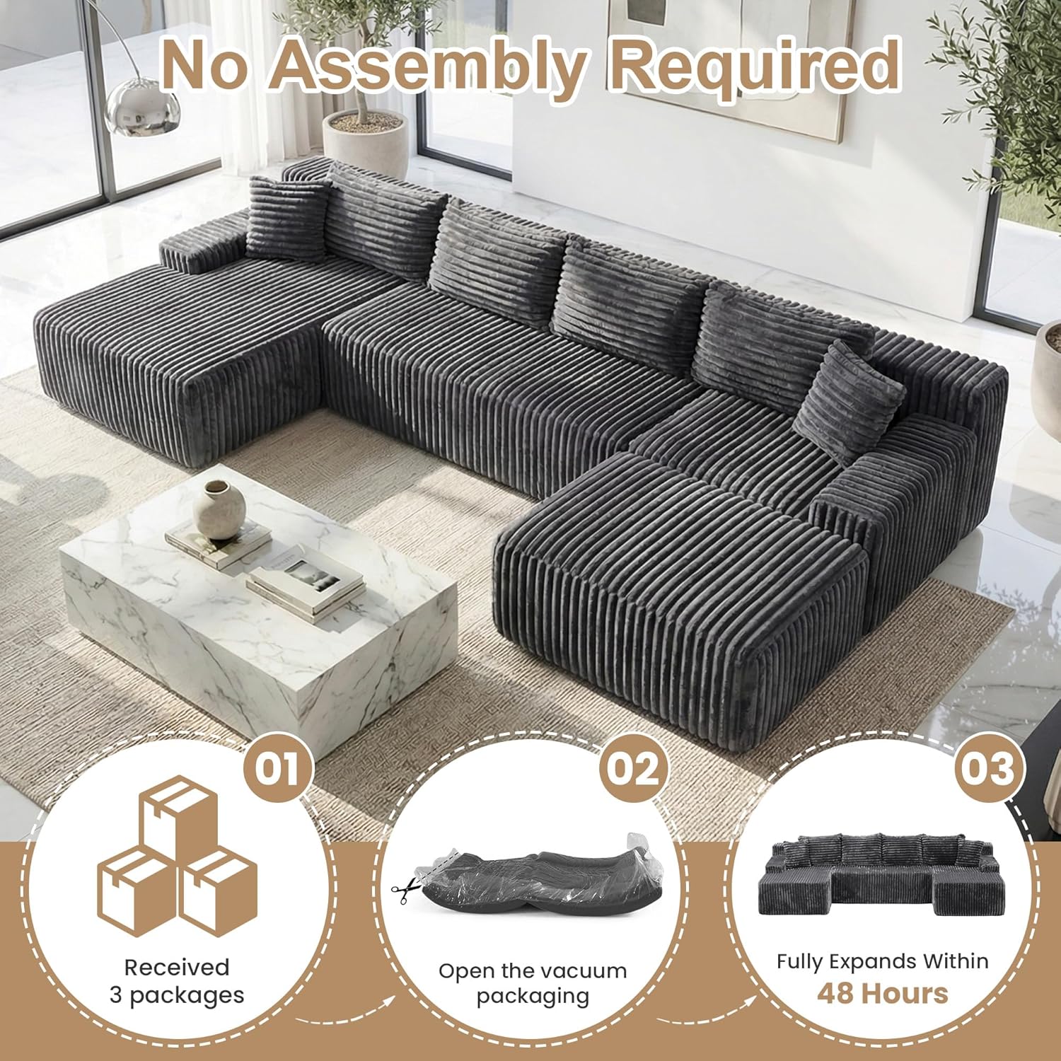 Oversized Boneless Couches for Living Room, U Shaped Cloud Sectional Couch with Deep Seat, No Assembly Corduroy Modular Sectional Sofa,Grey