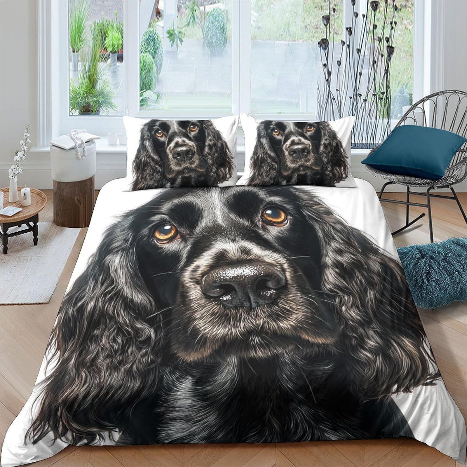 Ctjqhvkz Style-9 3D Printed Black Spaniel Dog Fitted Sheet Microfiber Soft Bedroom Decor Animal Art Bed Cover For Home Dorm Single（135X200cm）
