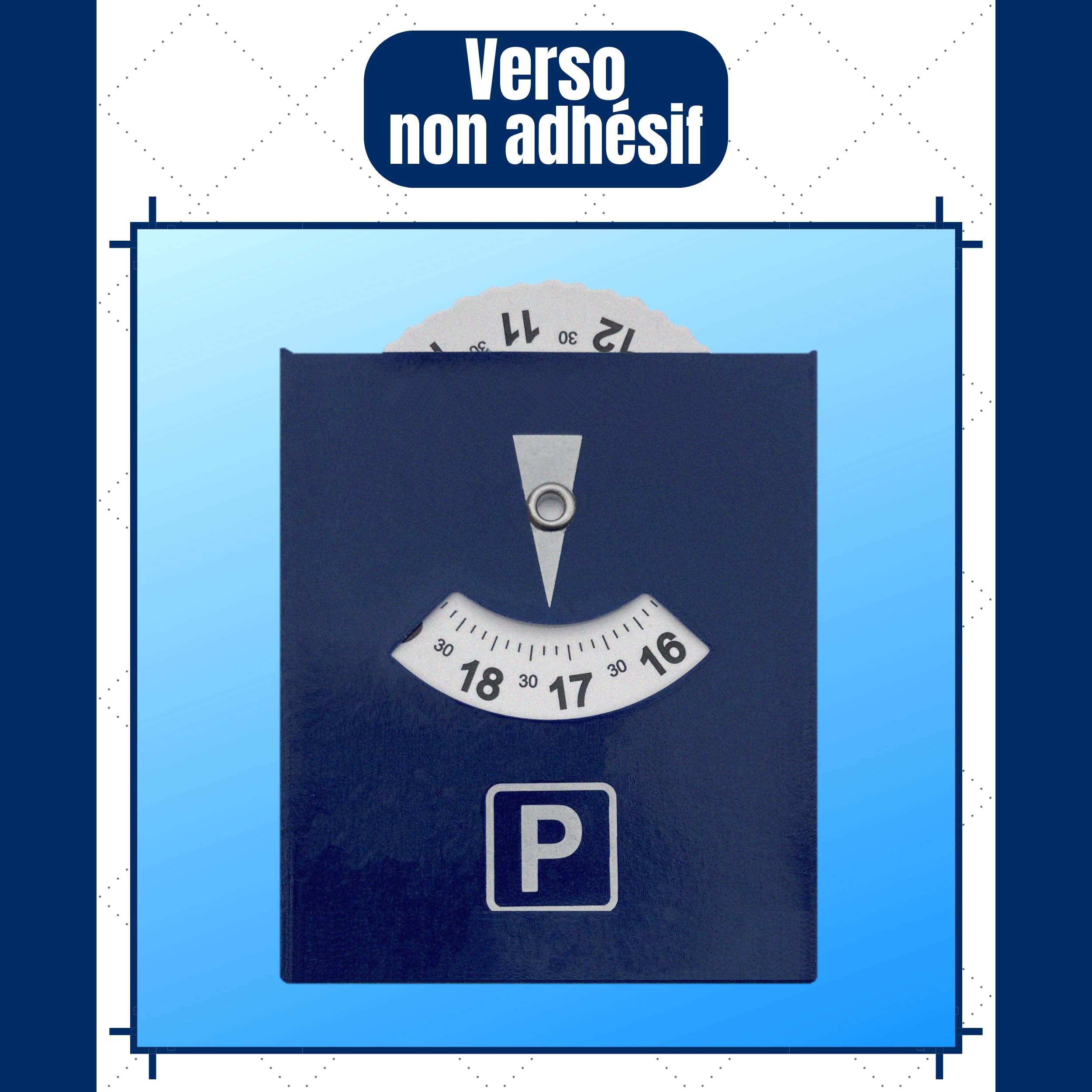 Disco de aparcamiento adhesivo para zona azul | Disco de tiempo | 👍 Estándar simplificado europeo ♪ | Material anti UV | Dimensiones 8,5 x 7 cm | Segmentación horaria 10 MN | Marca francesa ©