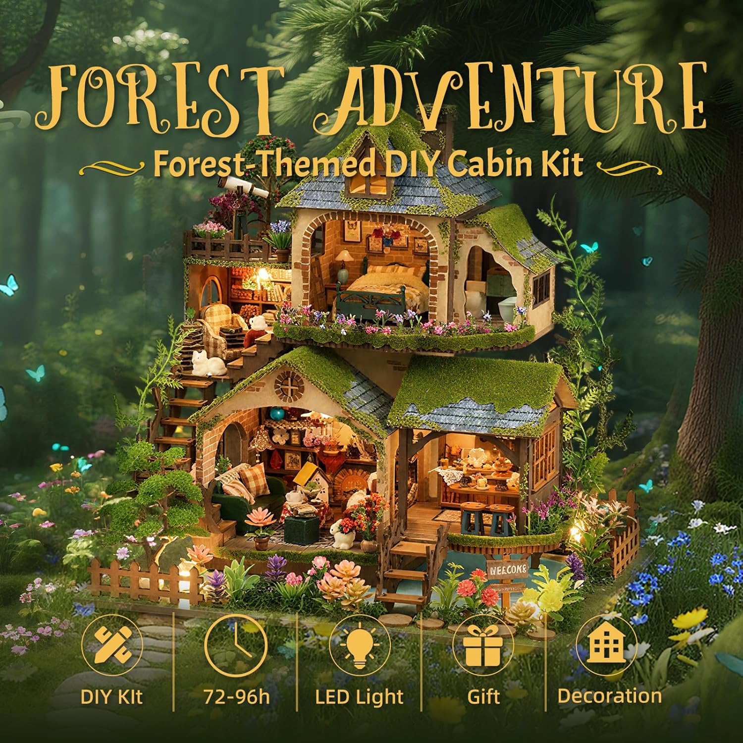 DIY Miniature House Kit with LED Lights, Forest Adventure Wooden Mini House Building Kit for Adults & Teens, Creative Crafts for Women, Friends & Hobbyists
