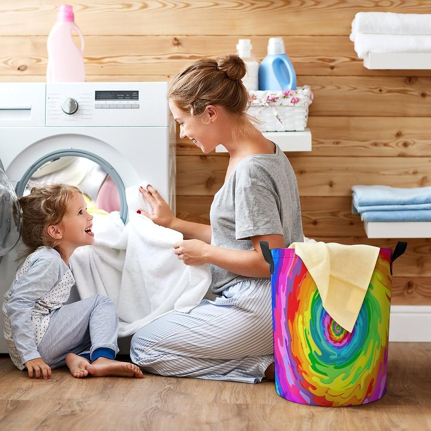 Colorful Tie Dye Laundry Basket Dirty Clothes Hamper Storage Laundry Bag with Handles for Dorm Room 44x44cm