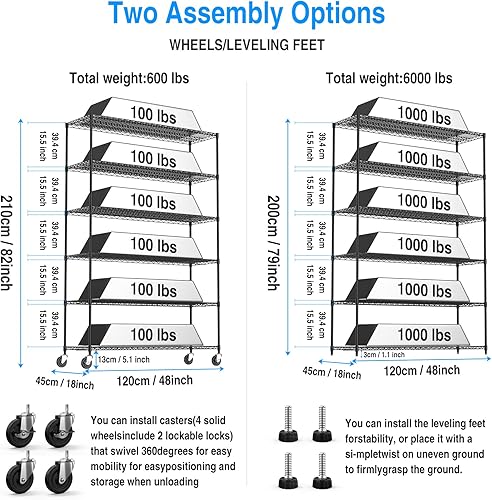 Miniatura 3 de Estantería de alambre de metal NSF de 6 niveles, capacidad de 6000 libras, estante de almacenamiento ajustable resistente con ruedas y