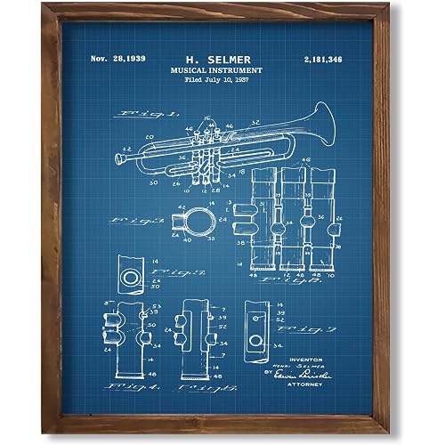 Trumpet Patent Blueprint Illustration Art Print for Music Studio Wall Decor, Jazz Lounge Accent, Brass Band Room Home Office Dorm Wall Art, Young Trumpeter Musician Band Leader Conductor Gifts - 8x10 Unframed Print