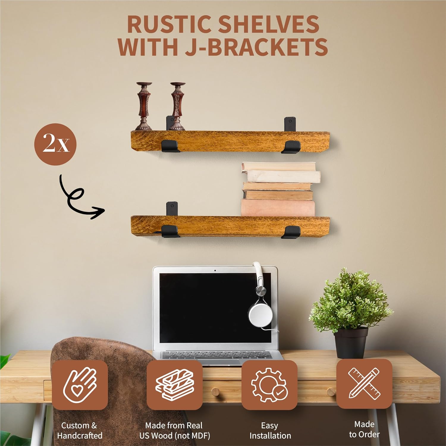 Handcrafted 16 x 12 Inch Pine Wood shelf with Matte Black Steel J Brackets Set of 2 - Rustic shelves for Kitchen, Bathroom, or Living Room – 1.75” Thick Real Pine Wood, Supports 80 lbs (Brown)