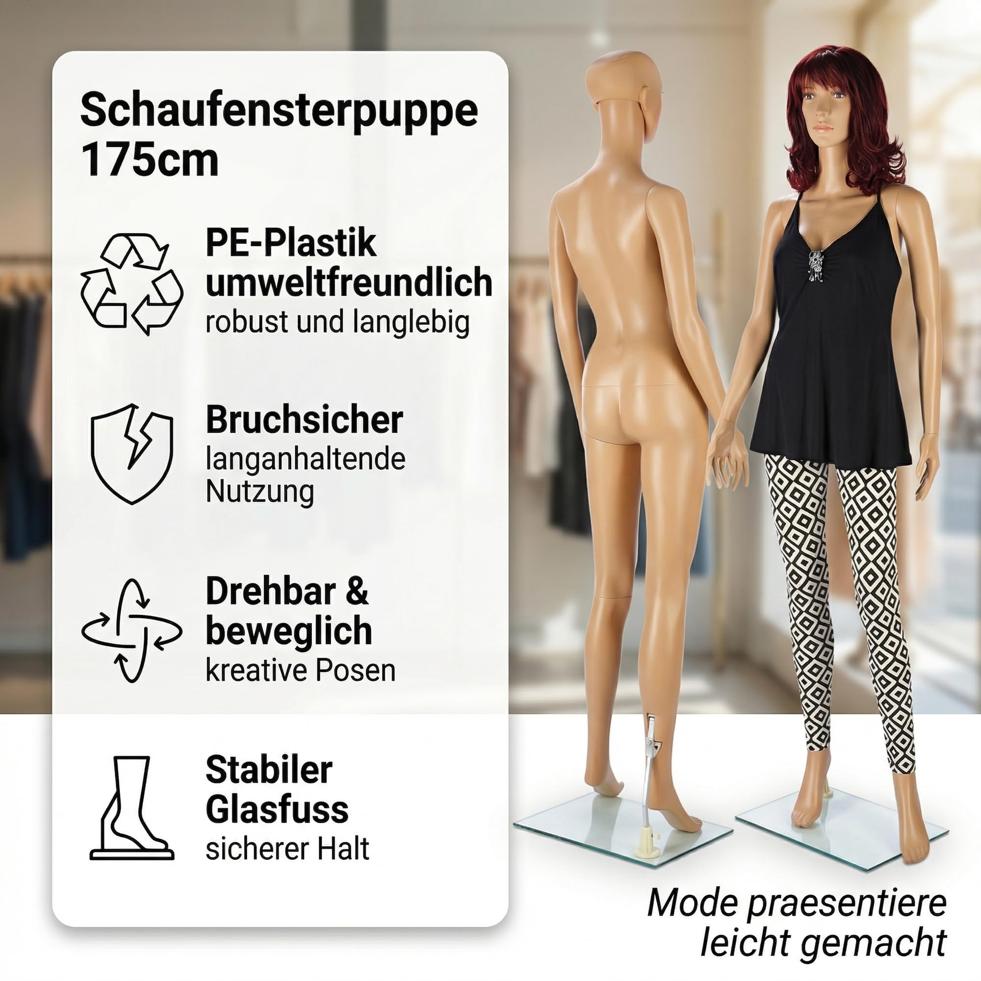 Mucola Schaufensterpuppe Weiblich 175 cm mit Glasfuß – Mannequin Konfektionsgröße 36-38, drehbarer Kopf, abnehmbares Haar | Schneiderpuppe PE-Plastik für Schaufenster, Boutique, Messe und Showroom