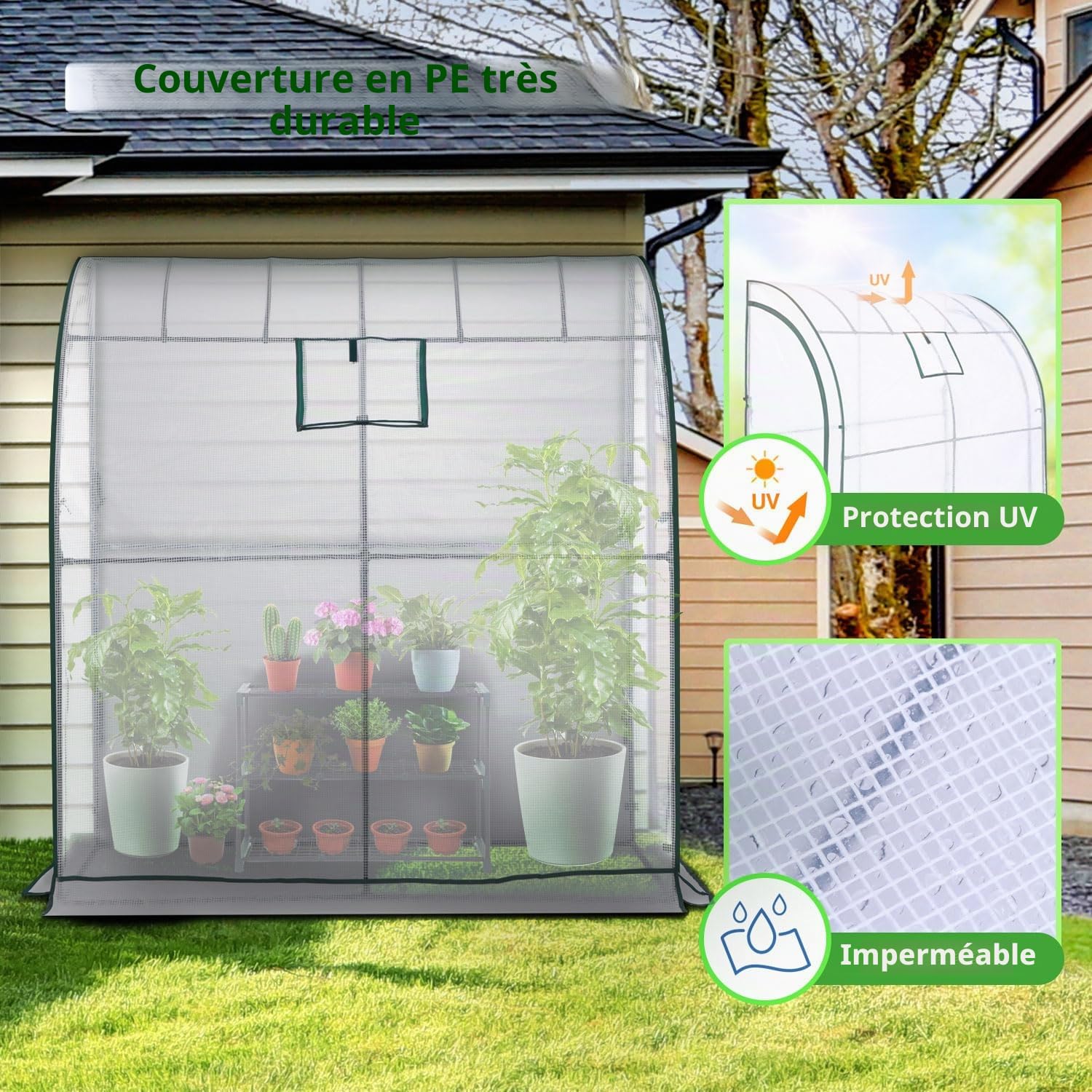 Ohuhu Serre à tomates - Avec support de plantes à 3 étages - Avec film grillagé résistant aux UV - Pour plantes en pot - 200 x 100 x 210 cm - Blanc