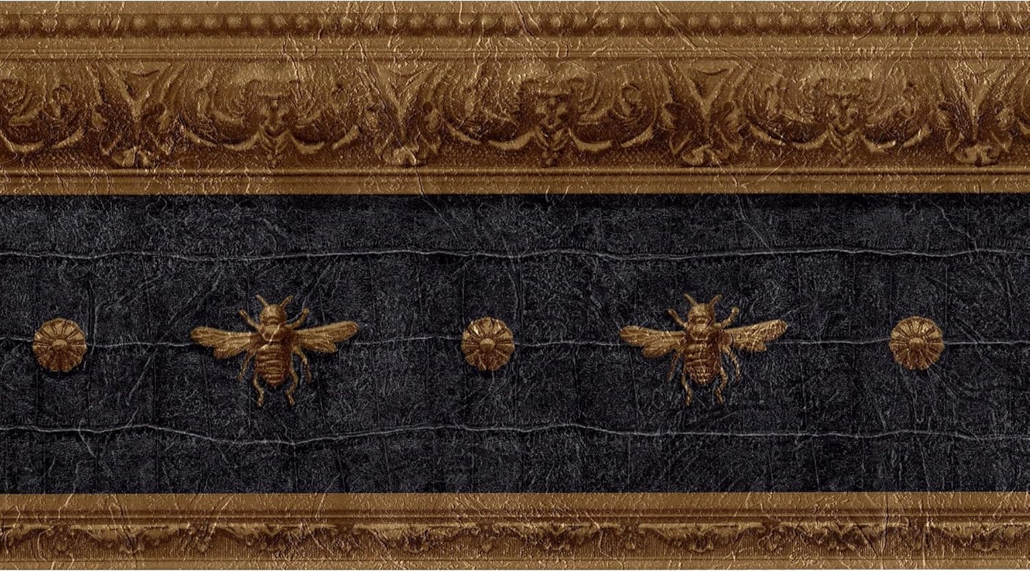 TRIMZ Wallpaper Border – Vintage Gold Bee & Laurel Crest in Dark Blue Leather Look, Decorative Architectural Moulding for Library, Study and beroom, Pre-Pasted, 15 ft x 6.9 in