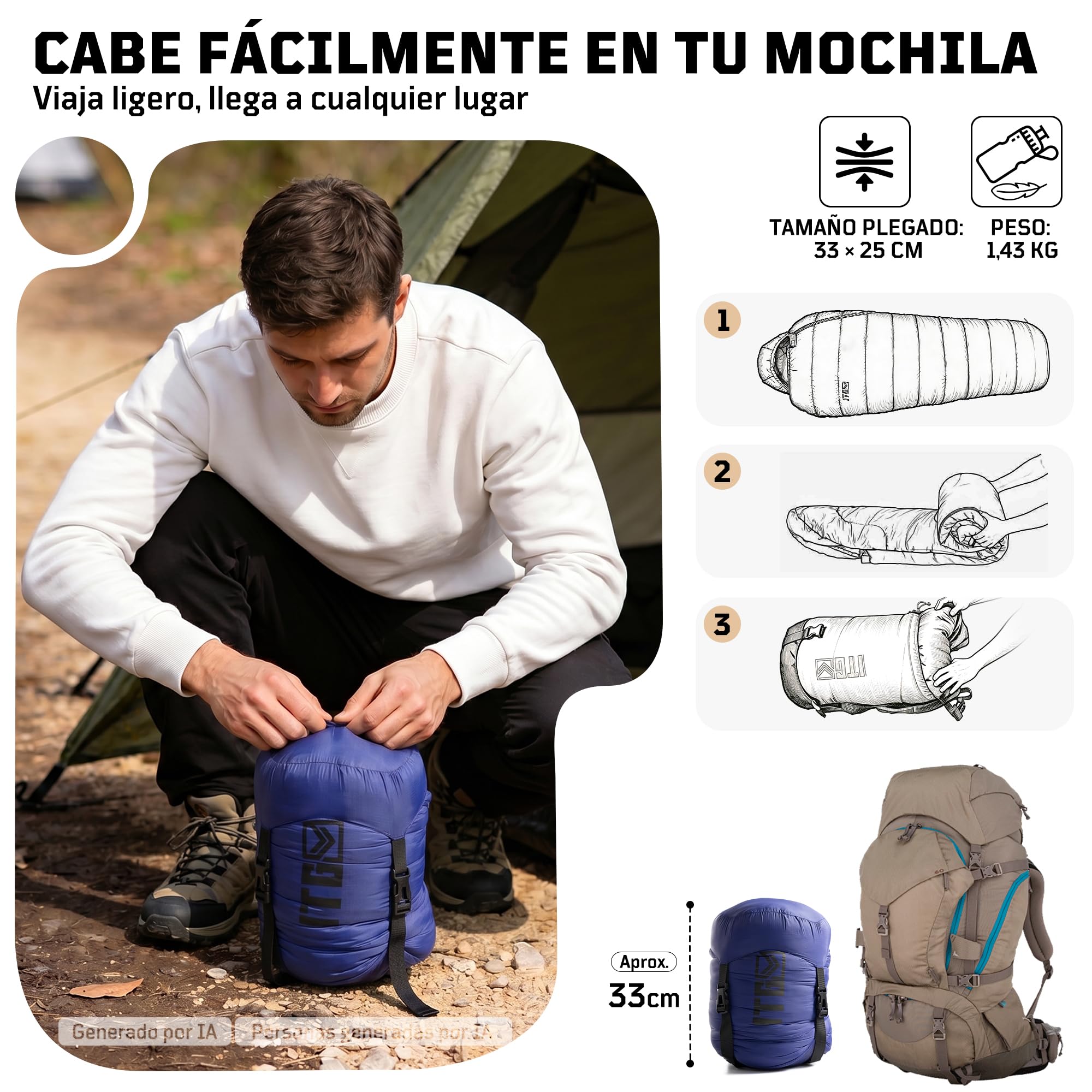 Saco de dormir para momias 2-3 temporadas (confort 6 °C), transpirable, para adultos de hasta 185 cm, compacto de nailon 40D Ripstop con saco de compresión para camping, senderismo y festivales