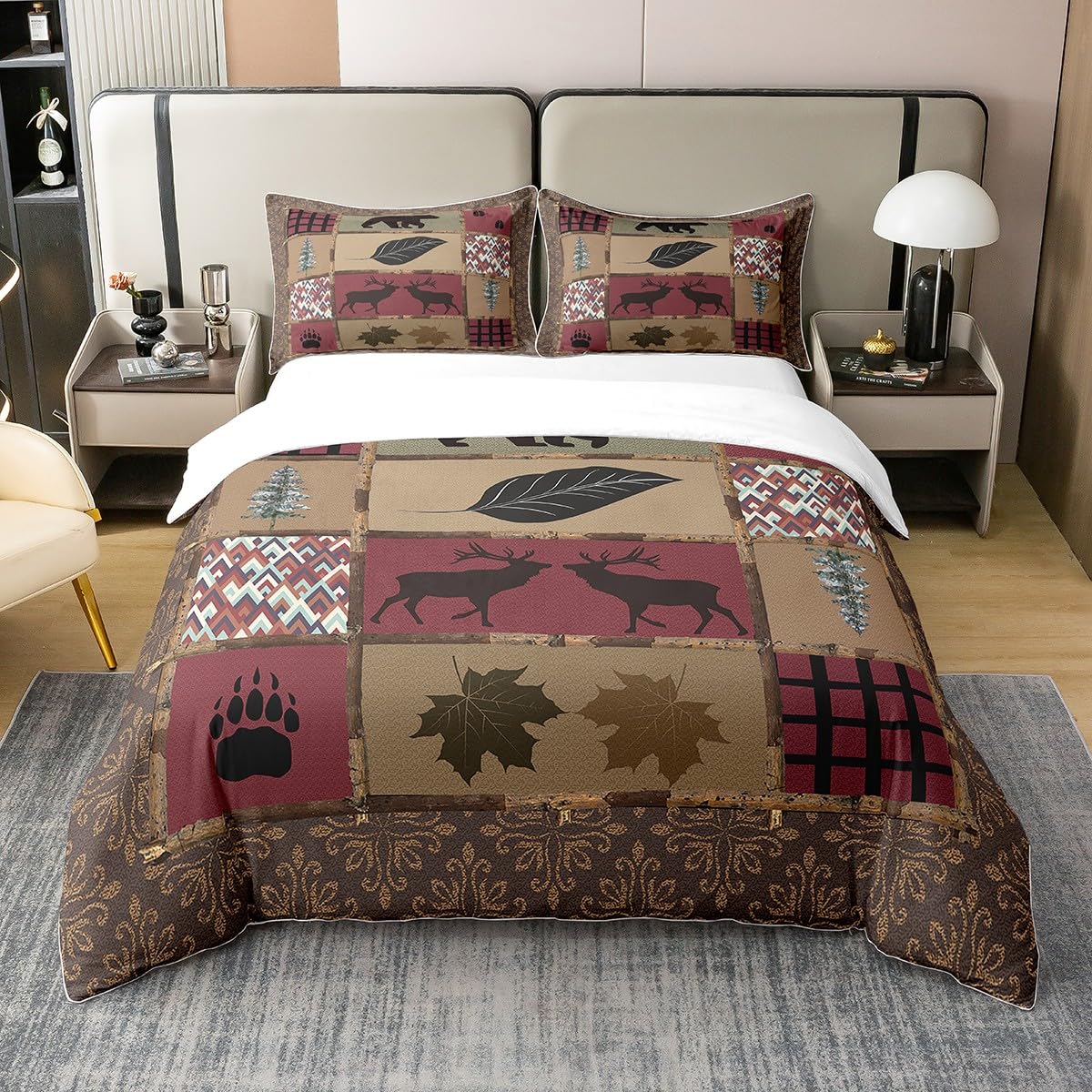 Bear Cotton Duvet Cover Double Size Women Men Farmhouse Deer Bear Bedding Set for Kids Teens Ultra Soft Nature Red Brown Grid Comforter Cover Hunting Theme Bedspread Cover Room Decor Bedcothes — image 1