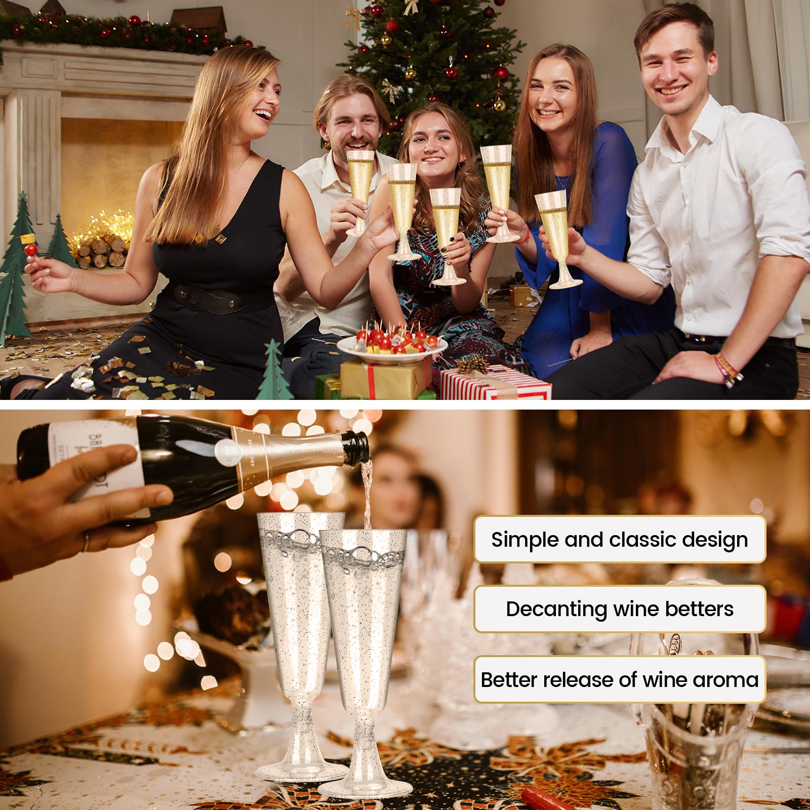 UCAMP 60 Flute da Champagne,Bicchieri Vino150ml,Trasparenti,Resistenti e Riutilizzabili,Bicchieri da Champagne con Glitter Dorati e argento,Eleganti Calici per Feste,Compleanni,Matrimoni