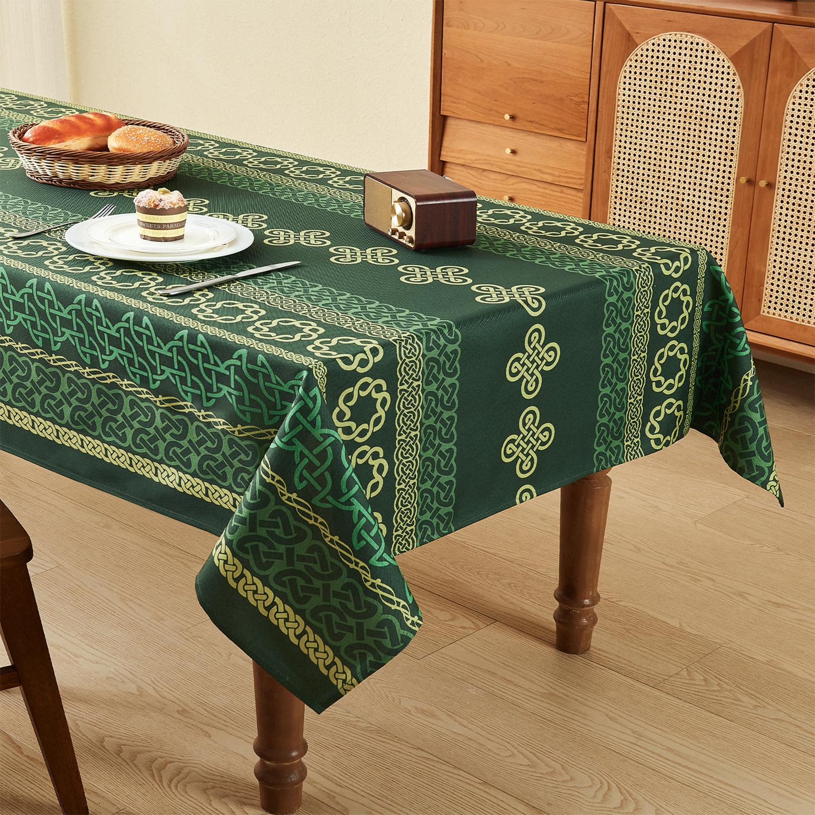 WAITER TREE Tovaglia rettangolare in lino con stampa a nodi, resistente all'acqua e alle pieghe, lavabile, decorativa, San Patrizio, festa di Natale, feste, verde, 140 × 180 cm