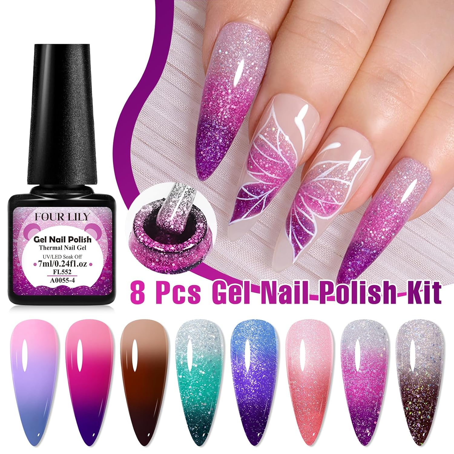 Color Changing Gel Nail Polish Set, 8 Temperature Mood Changing Colors Red Pink Blue Brown Green, Soak Off UV Light Cure Gel Polish for Salon and Nail Art DIY at Home