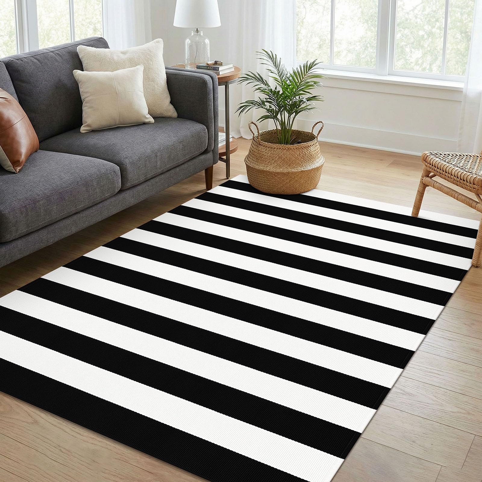 Schwarz und Weiß gestreifter Teppich, 122 x 182 cm, Baumwolle, gewebt, waschbar, Retro-Gitter-Streifen, Outdoor-Teppich, für Bauernhaus, Wohnzimmer, Esszimmer, Schlafzimmer