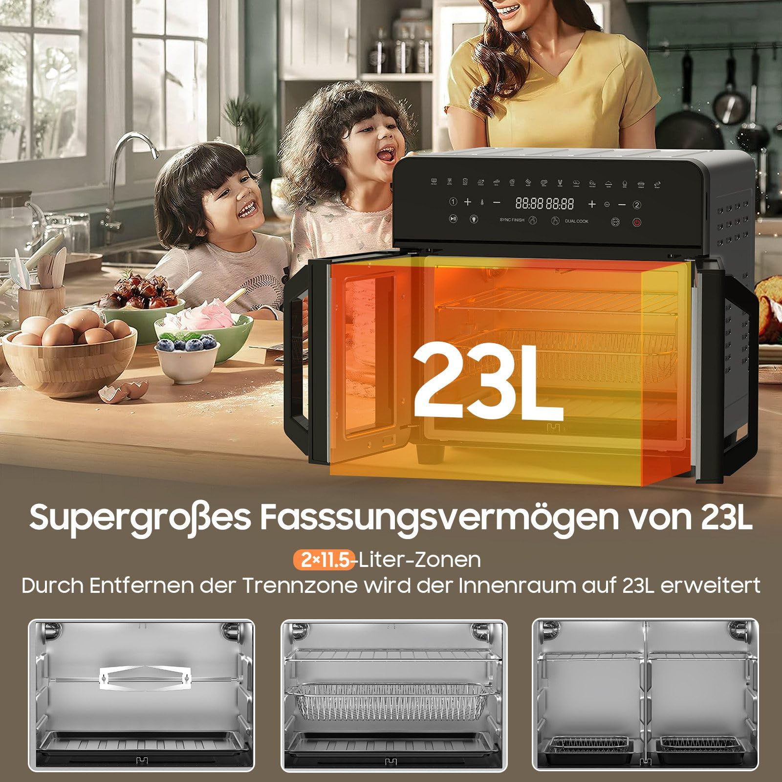 iceagle Friggitrice ad Aria 23L Doppia Zona – XXL Airfryer Forno con Porta Francese | Friggitrice Senza Olio, 15 Programmi, 2200 W, 12 Accessori, Separatore Rimovibile per Cotture Flessibili, 50-200℃