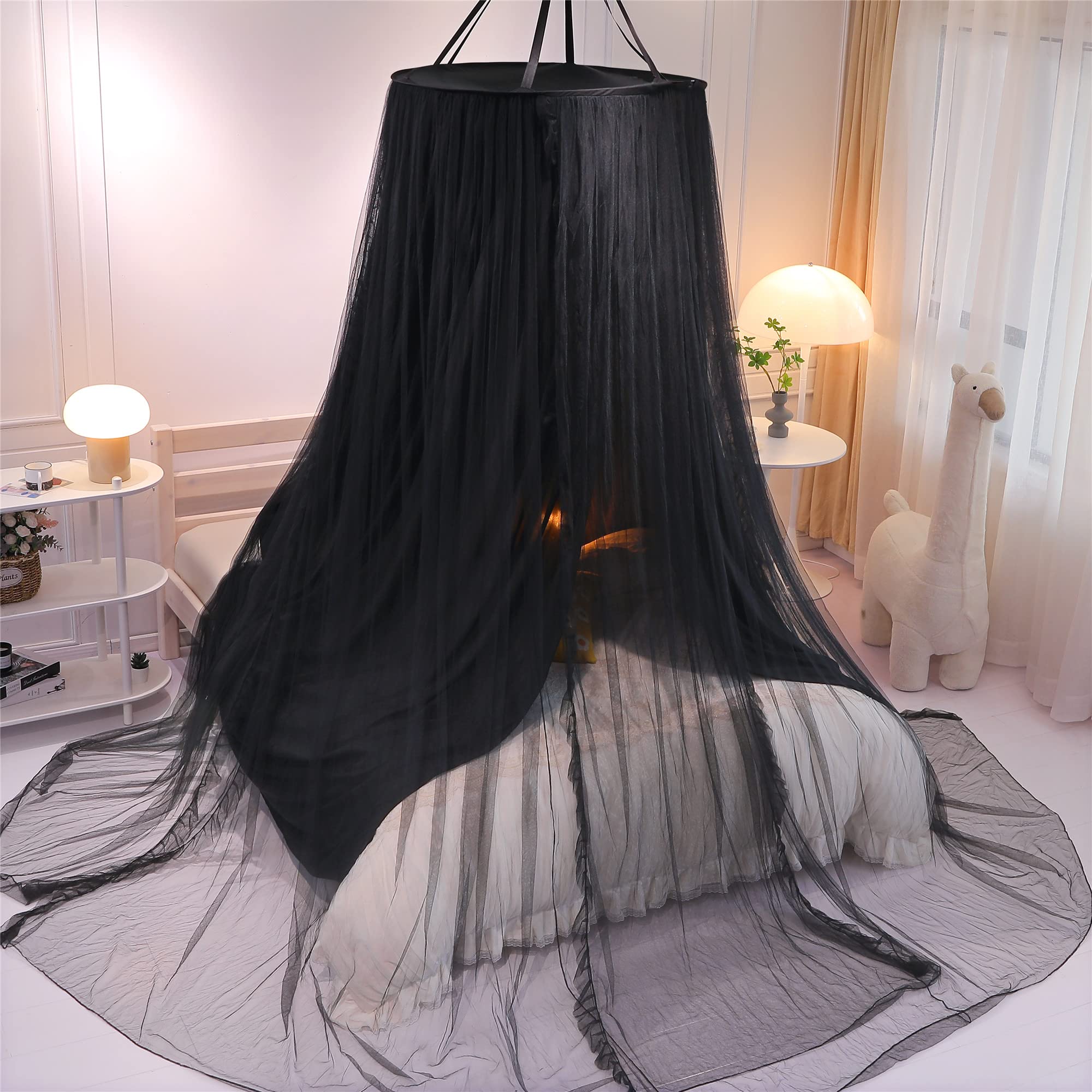 Doppelschicht Prinzessin Runde Kuppel Baldachin Bett Vorhang für Mädchen Erwachsene Kinder verträumte Moskitonetz Nette Schlafzimmer Dekoration Schloss Spielen Zelt Leseecke (Schwarz/Schwarz)