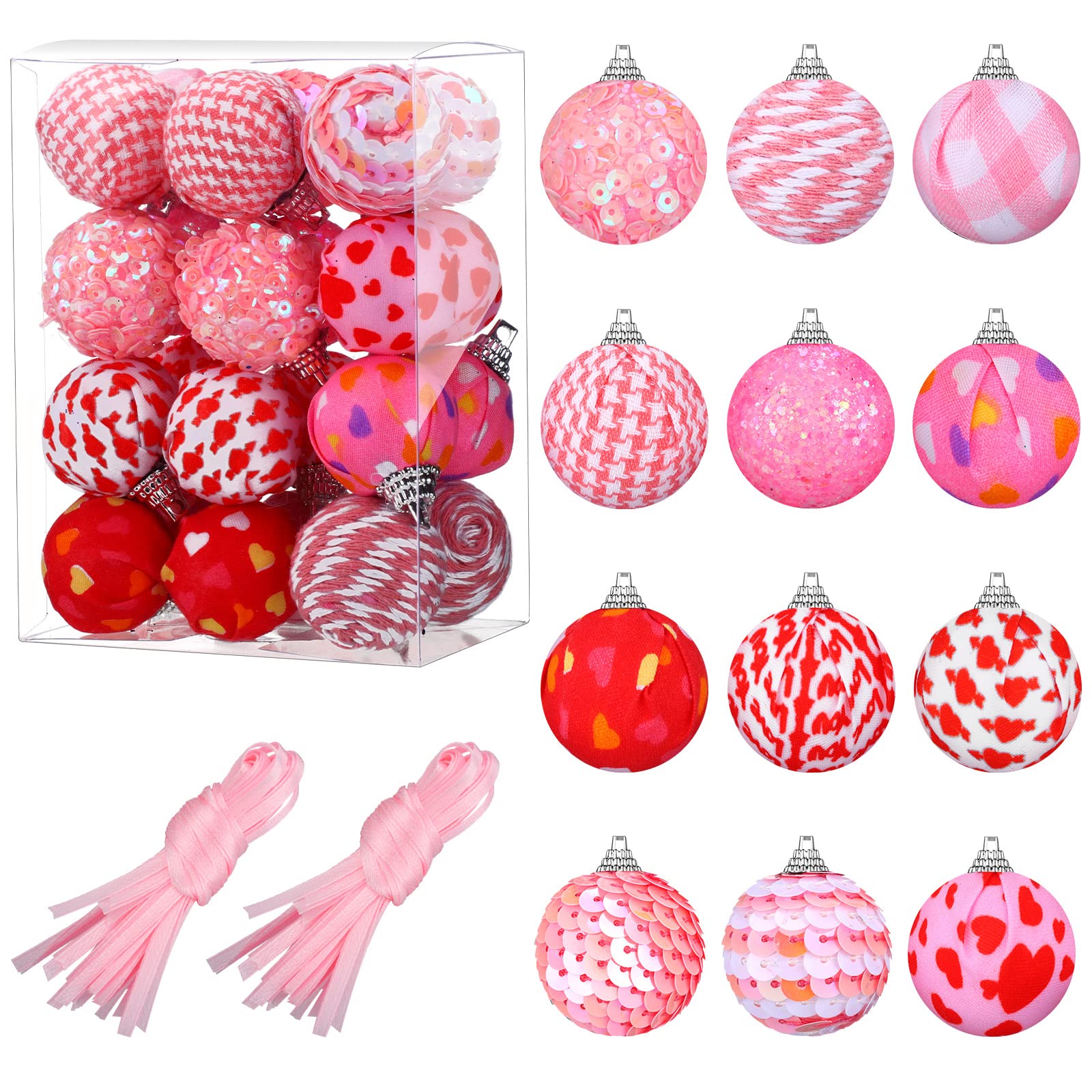 24 bolas de San Valentín adornos para árbol de 30 mm colgantes con purpurina rústica para decoración de fiesta de San Valentín (rosa, blanco, estilo romántico)