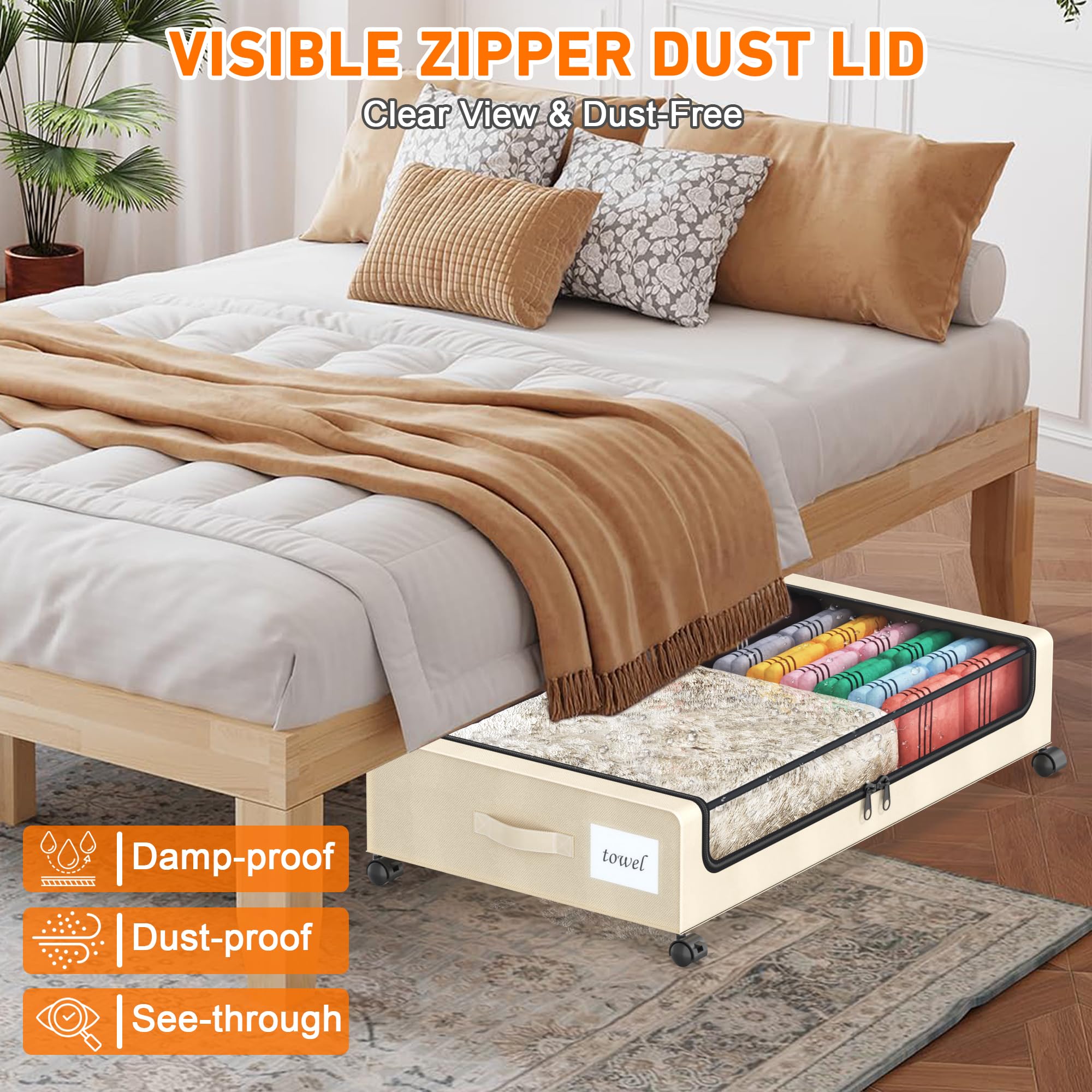 Contenitore sotto il letto con ruote, confezione da 2 contenitori portaoggetti con coperchi trasparenti, XXL da 60 L, cassetti in metallo per vestiti, scarpe, giocattoli (bianco, confezione da 2)