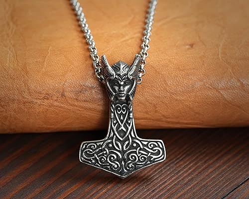 Miniatura 35 de Viking Thors Hammer Necklace Pendant - Vegvisir Aegishjalmur Helm of Awe Raven Huginn Muninn Pendant Necklace Amulet Talisman - Thor Necklace - Bear