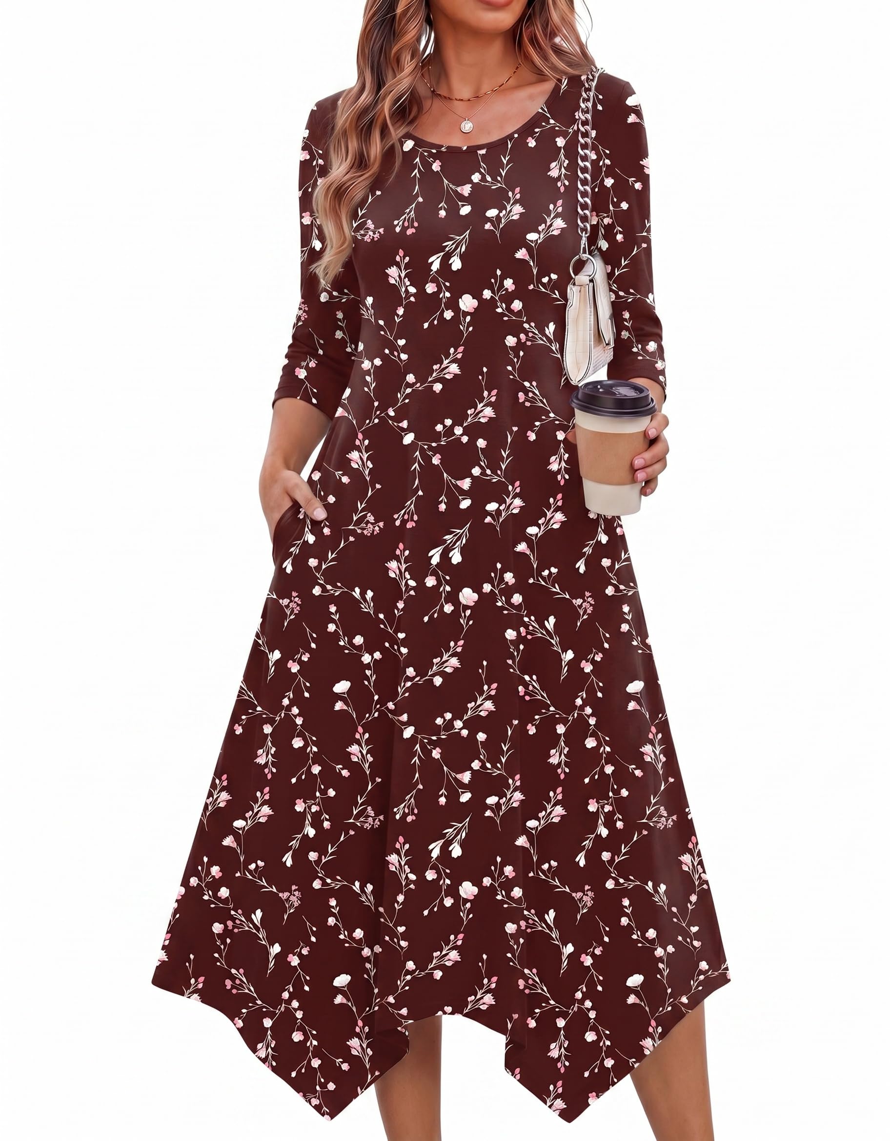 Zeagoo Midi Dresses Women 2026 Dress 3/4 Sleeve Casual Dresses with Pockets A Line Summer Beach Sundress