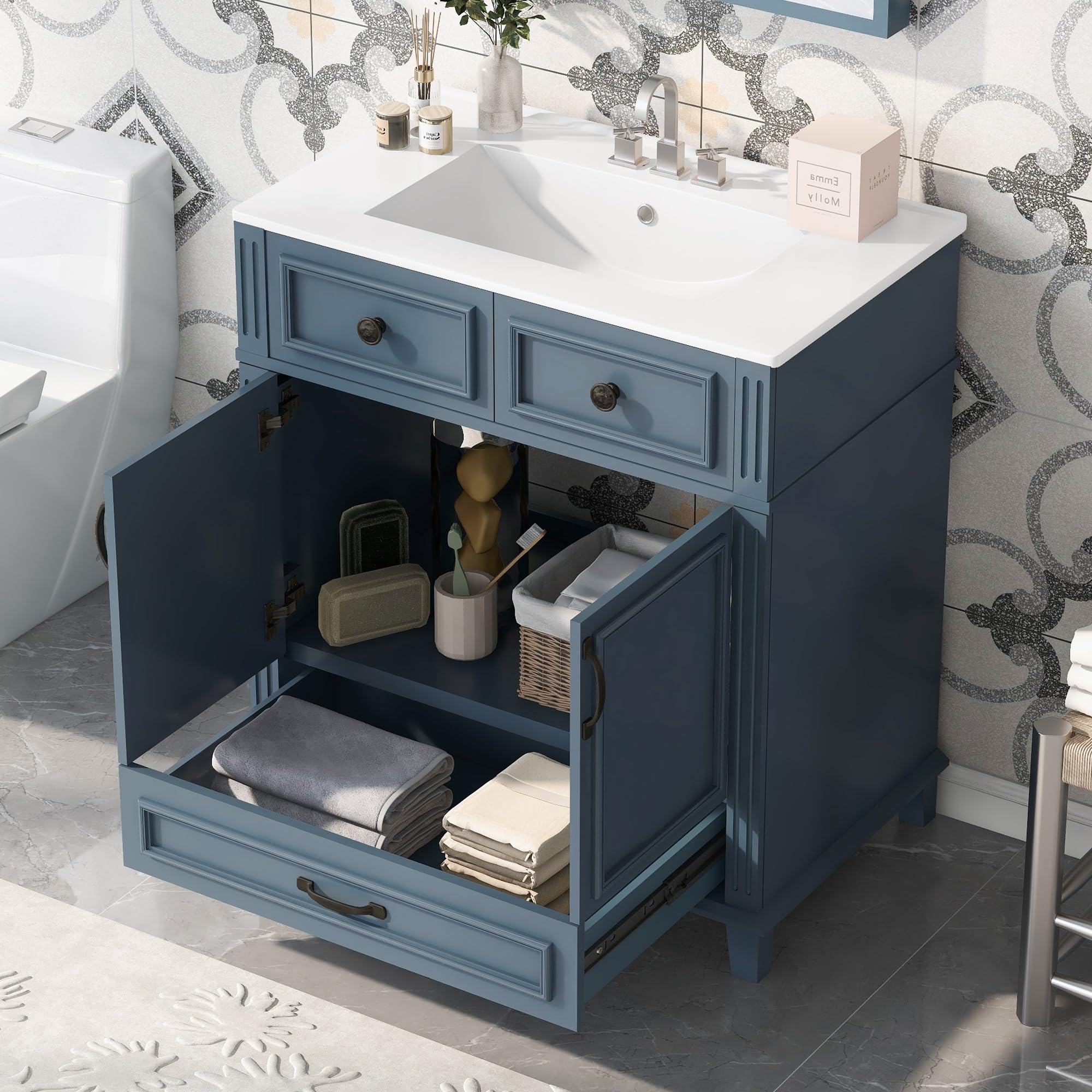 Favfurish 30" Bathroom Vanity with Ceramic Sink,Retro Freestanding Storage Cabinet with Soft Closing Doors and 1 Drawer,Solid Wood Frame Undermount Single Basin Vanity Set,Easy Assembly,Blue