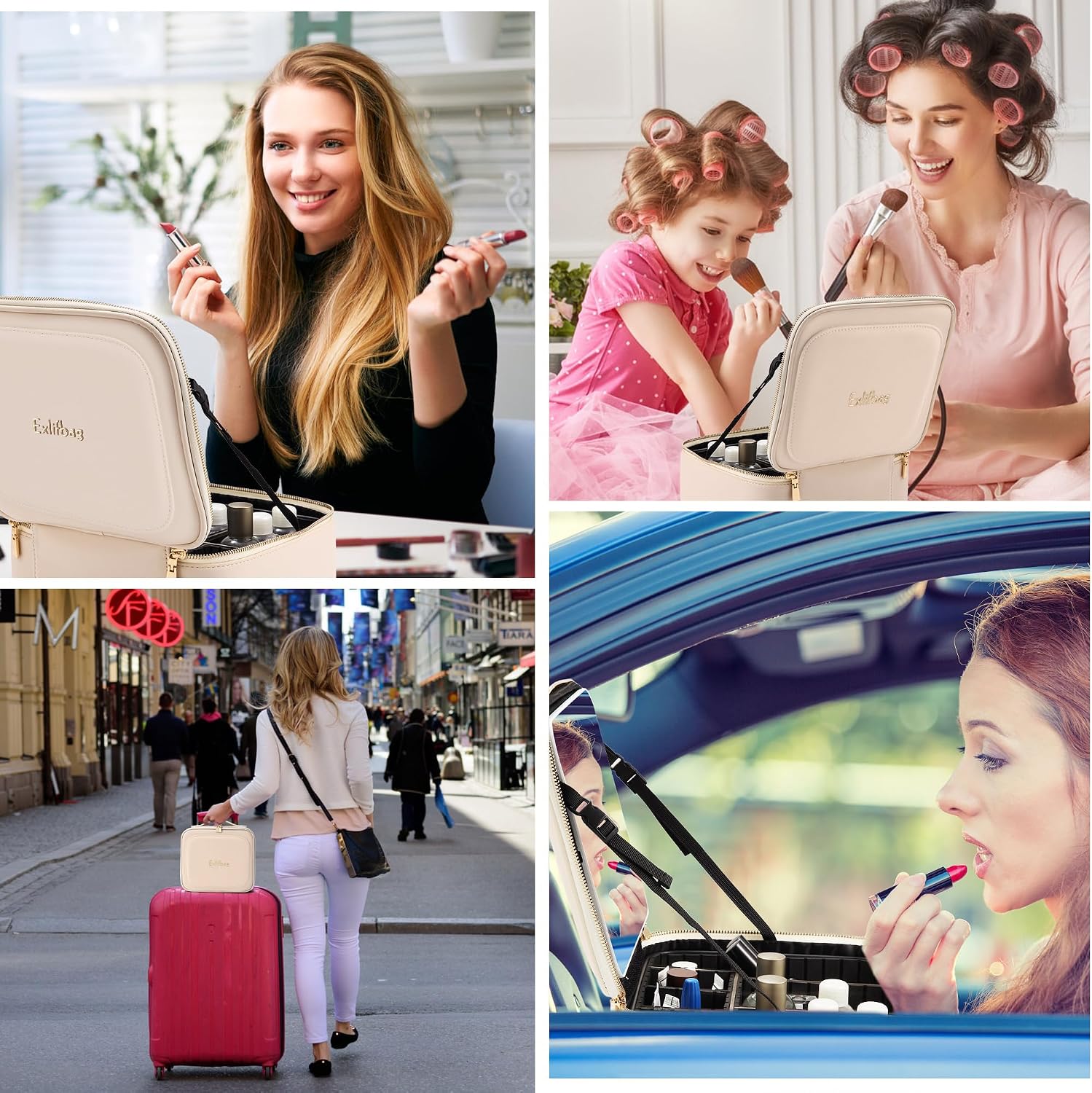 EXLIFBAG Makeup Bag with Led Mirror, Portable Travel Makeup Bag Organizer, Cosmetic Bag (Beige)