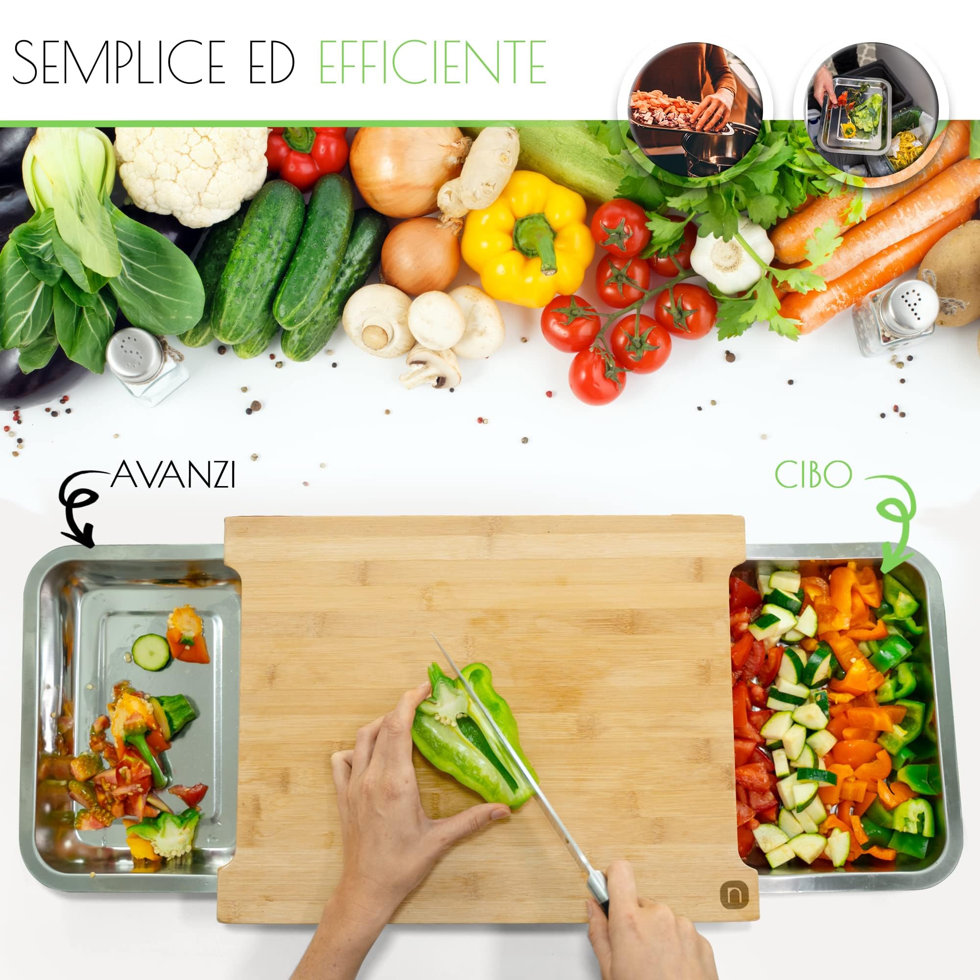 naturlik Tagliere da cucina in bambù con vassoi magnetici – Doppio contenitore per alimenti e scarti, pratico, resistente, FSC® – Tagliere legno