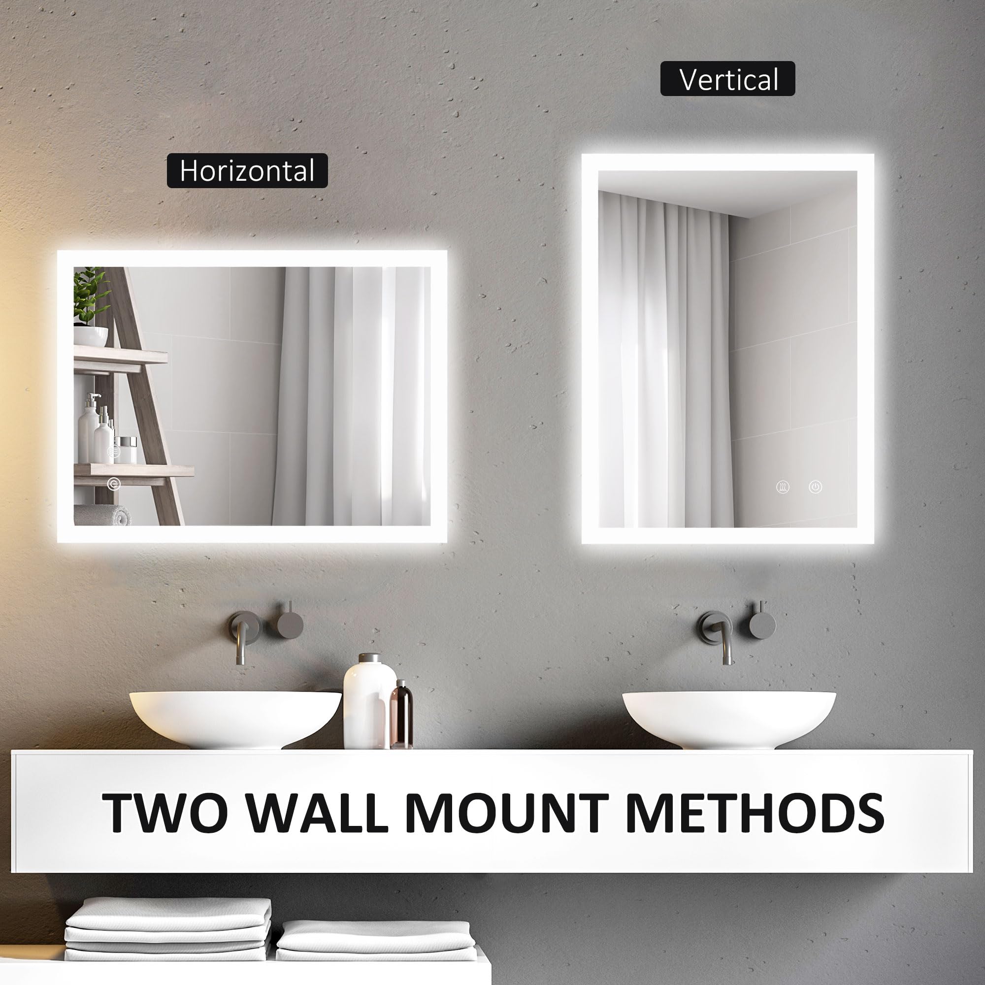 kleankin Miroir Mural Lumineux LED de Salle de Bain 80 x 60 cm Transparent | Avec 3 Couleurs, Luminosité Réglable, Interrupteur Tactile, Système Antibuée