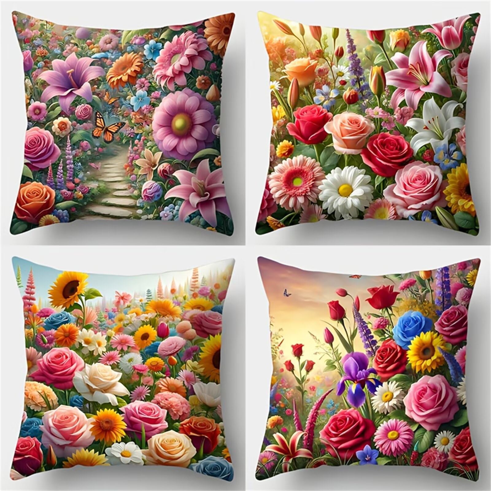 QiHon Pink Flowers Cushion Covers 30x30 cm Set of 4, Decorative Throw Pillow Cases, 12x12 inch Square Linen Pillowcases for Sofa Living Room Bedroo