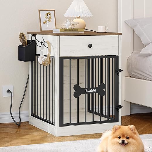 24.6'' Dog Crate Furniture with Charging Station, Dog Kennel Indoor with Flip-Top Storage, Wooden Pet Cage Dog House End Side Table for Small Dogs Anti-Chew Anti-Escape, White Brown DFC90114B