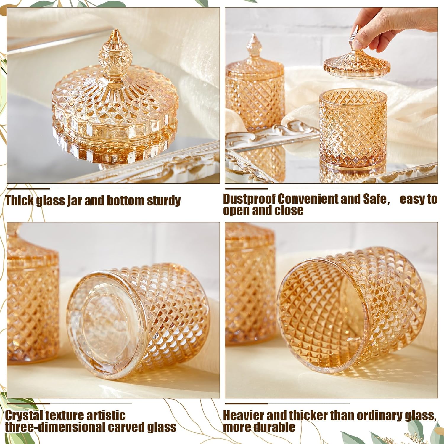 Aoriher 4 Pcs Crystal Glass Candy Jar Set with Lids Home Decorative Storage Jars for Apothecary, Bathroom, Kitchen, and Pantry, Ideal for Cotton Swabs and Jewelry(Medium,Amber) - Image 3