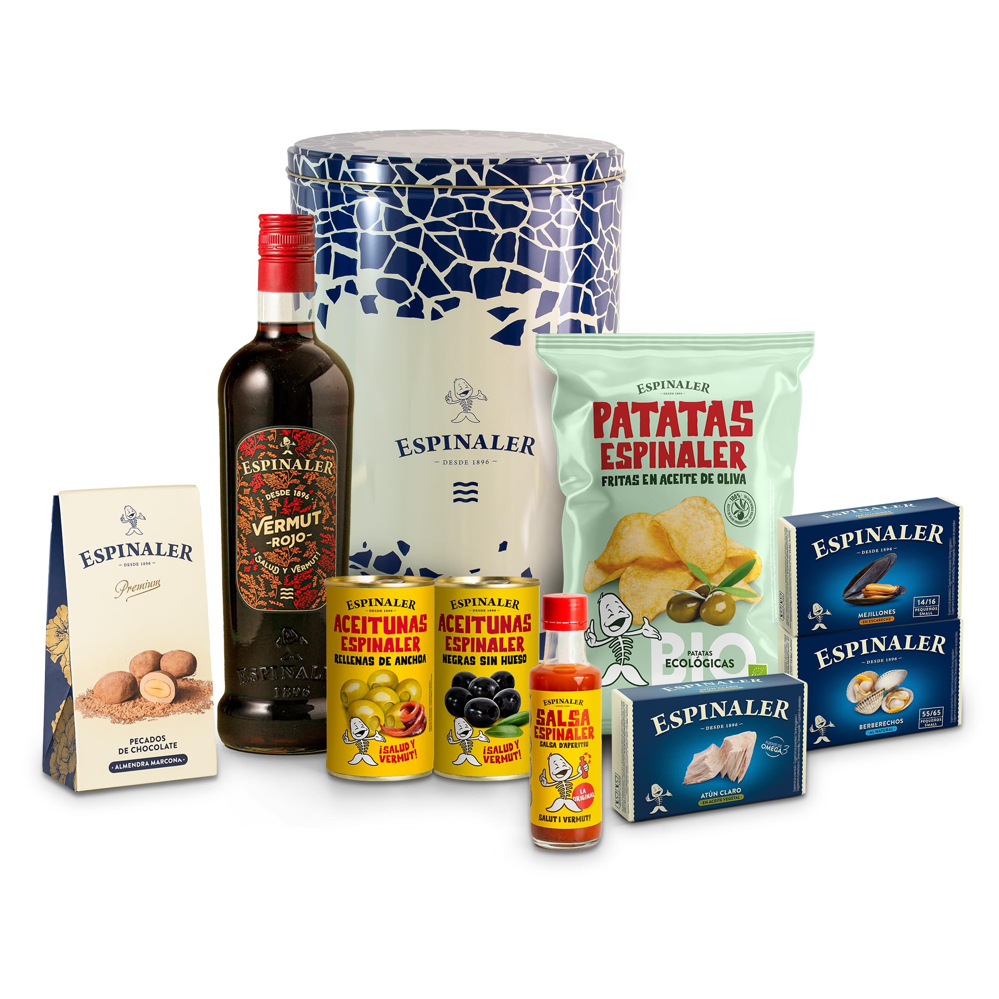 Espinaler Cesta Gourmet Aperitivo Pack Regalo con Vermut Rojo Aceitunas Patatas Ecológicas Salsa Berberechos Atún Claro Mejillones