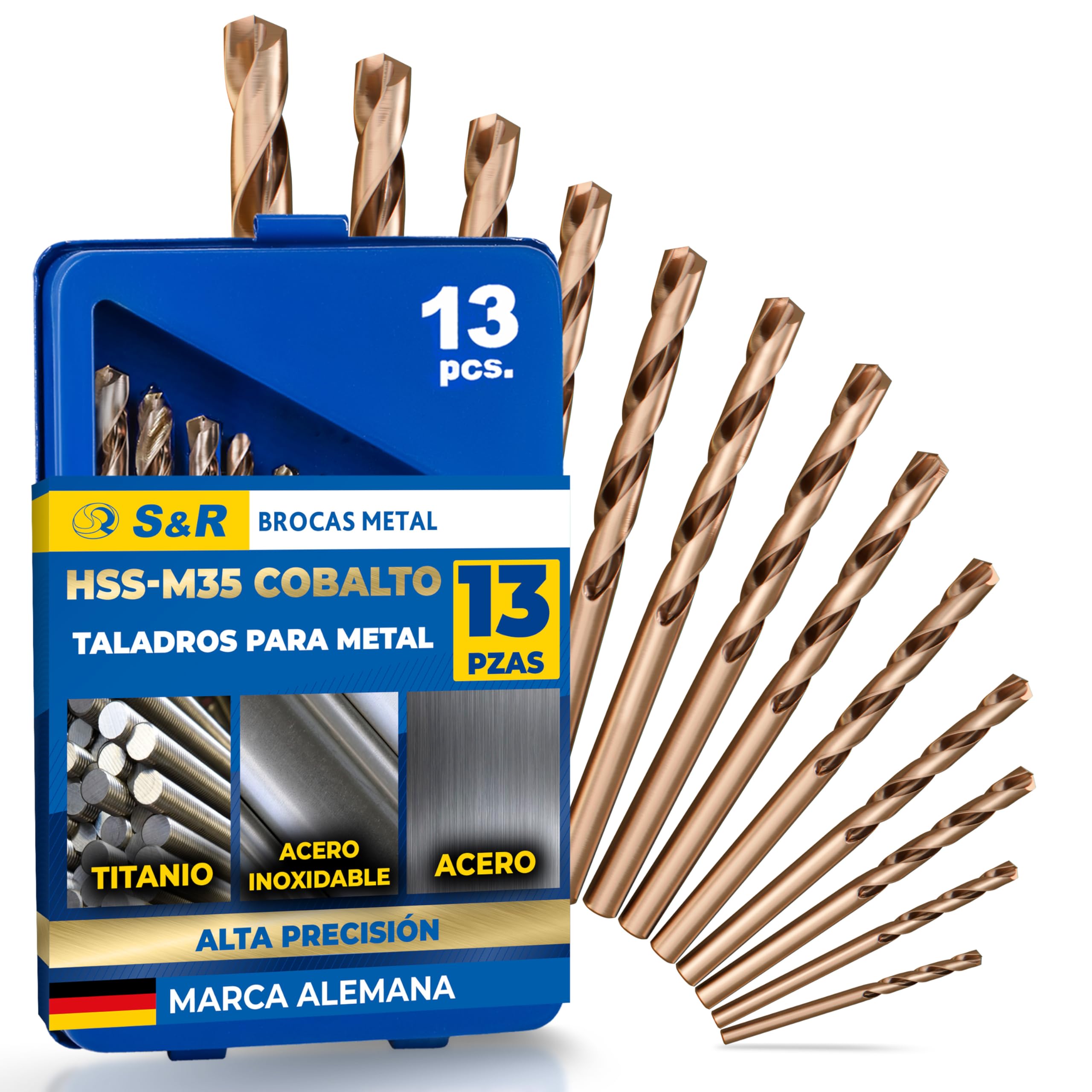 S&R Juego de brocas HSS COBALTO Rectificadas para metal 1,5-6,5 mm- 13 unidades DIN 338 - acero aleado con cobalto - corte tipo C según DIN 1412-135 ° Caja metálica