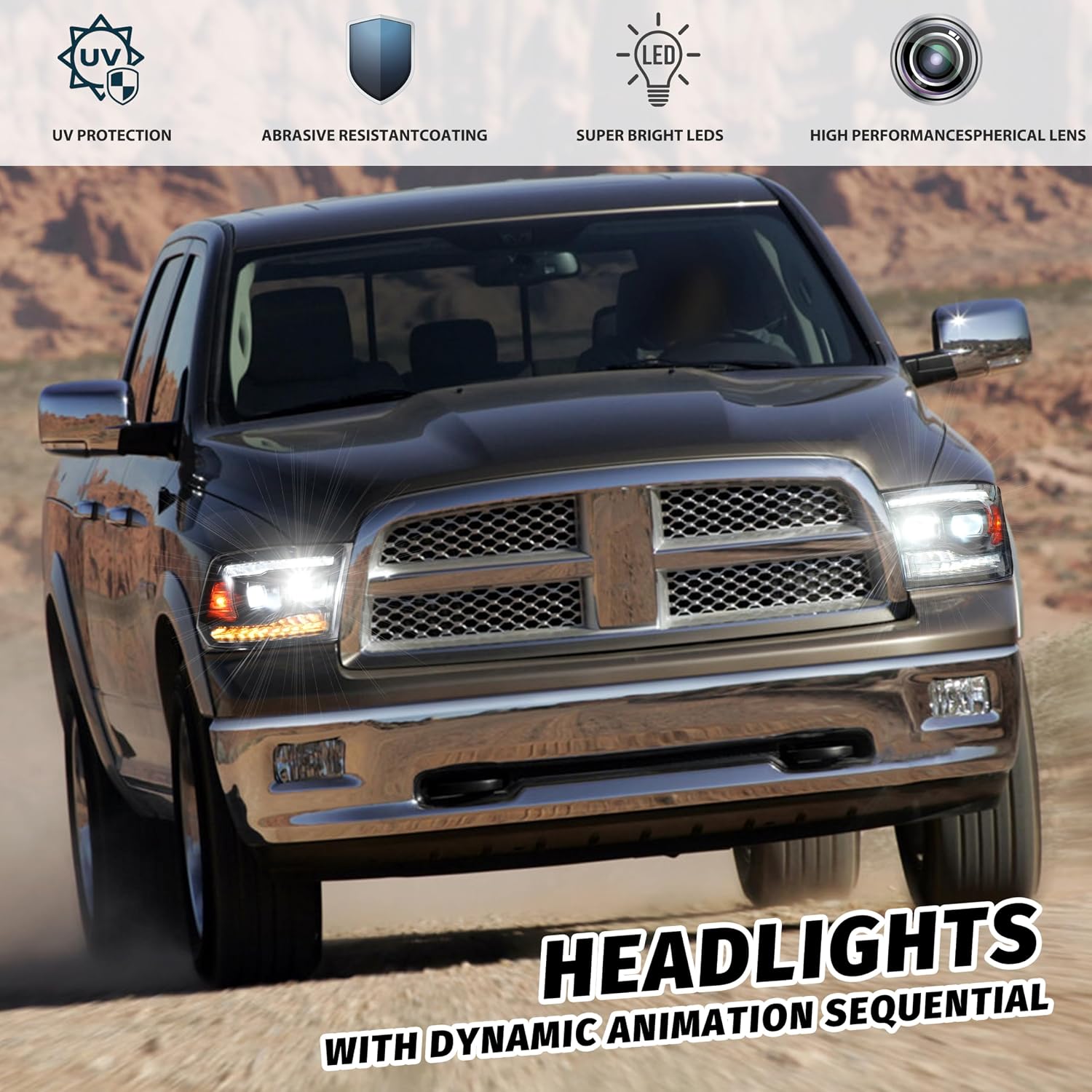 Full LED Headlights for Dodge Ram 1500 2500 3500 09-18, One Pair