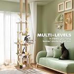 PawHut Floor to Ceiling Cat Tree, 89"-100" Adjustable Height Cat Tower for Large Cats with Scratching Posts, Grooming Brush Post, Cat Condo, Perches, Hammocks, Balls, Brown