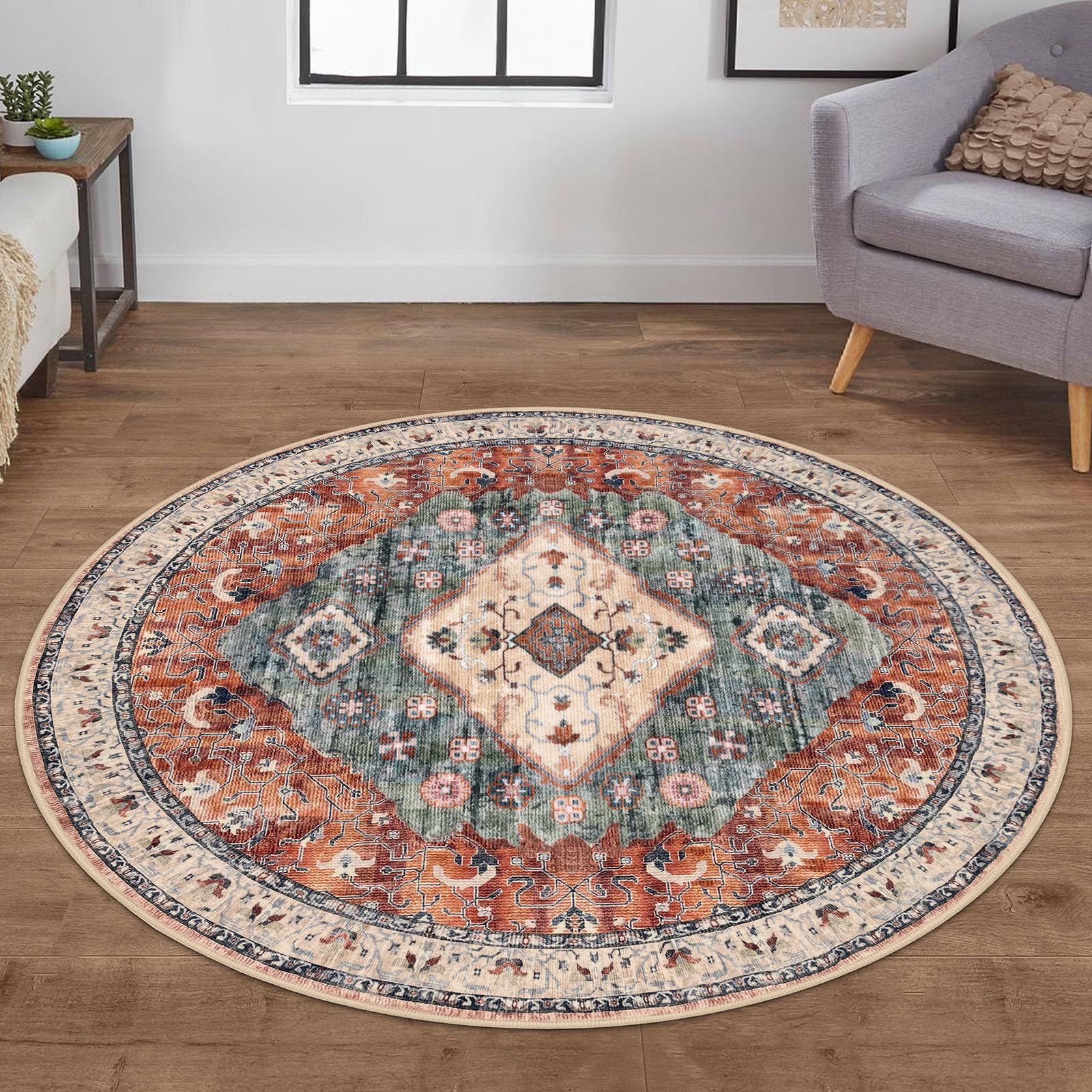 KOZYFLY Boho Washable Rust Orange Faux Wool Vintage Rug - 5ft Circle Doormat with Non-Slip Back for Entrance and Bedroom โ image 1
