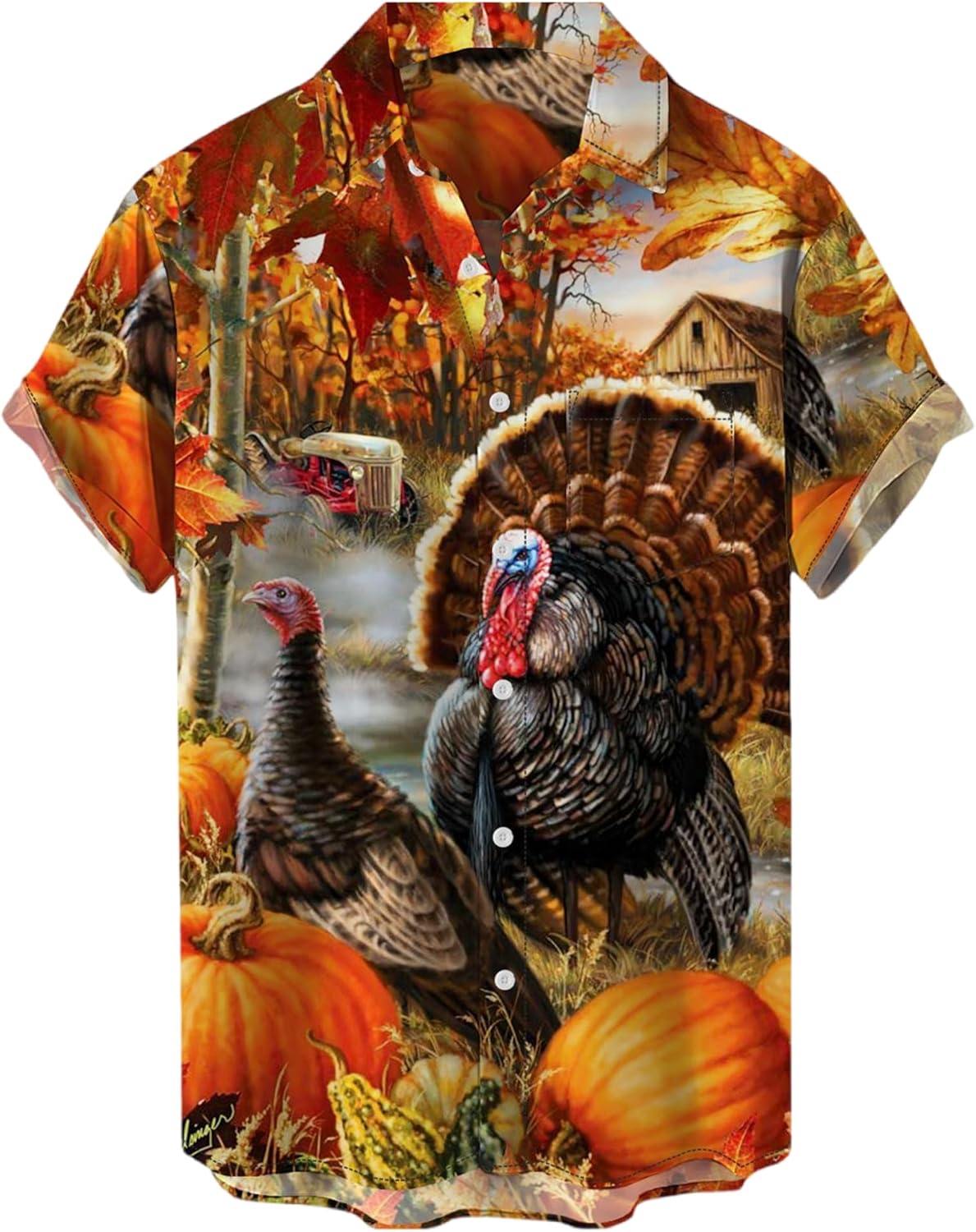 Mens Thanksgiving Shirt Turkey Print Short Sleeve Hawaiian Bowling Casual Button Down Shirts