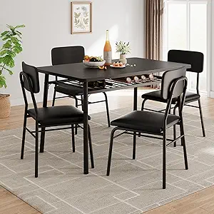 GarveeHome Dining Table Set for 4 with Storage Rack, 5-Piece Kitchen Table and Upholstered Chairs of 4, Wood Tabletop & Heavy-Duty Metel Frame, Dining Room Set for Small Space, Apartment, Black