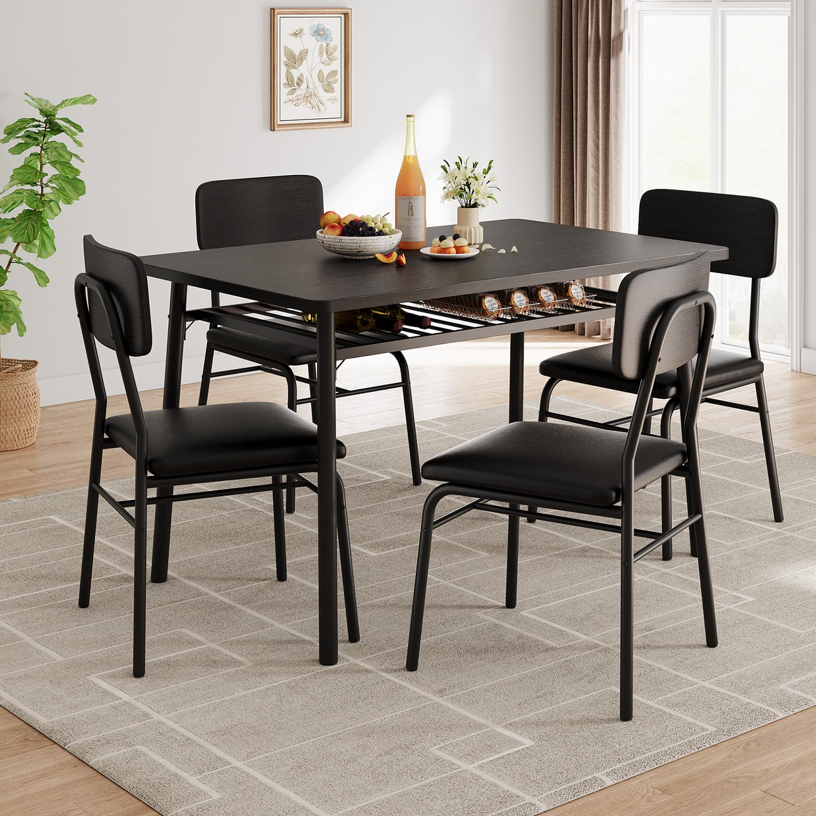 IDEALHOUSE Dining Table Set for 4 with Storage Rack, 5-Piece Kitchen Table and Upholstered Chairs of 4, Wood Tabletop & Heavy-Duty Metel Frame, Dining