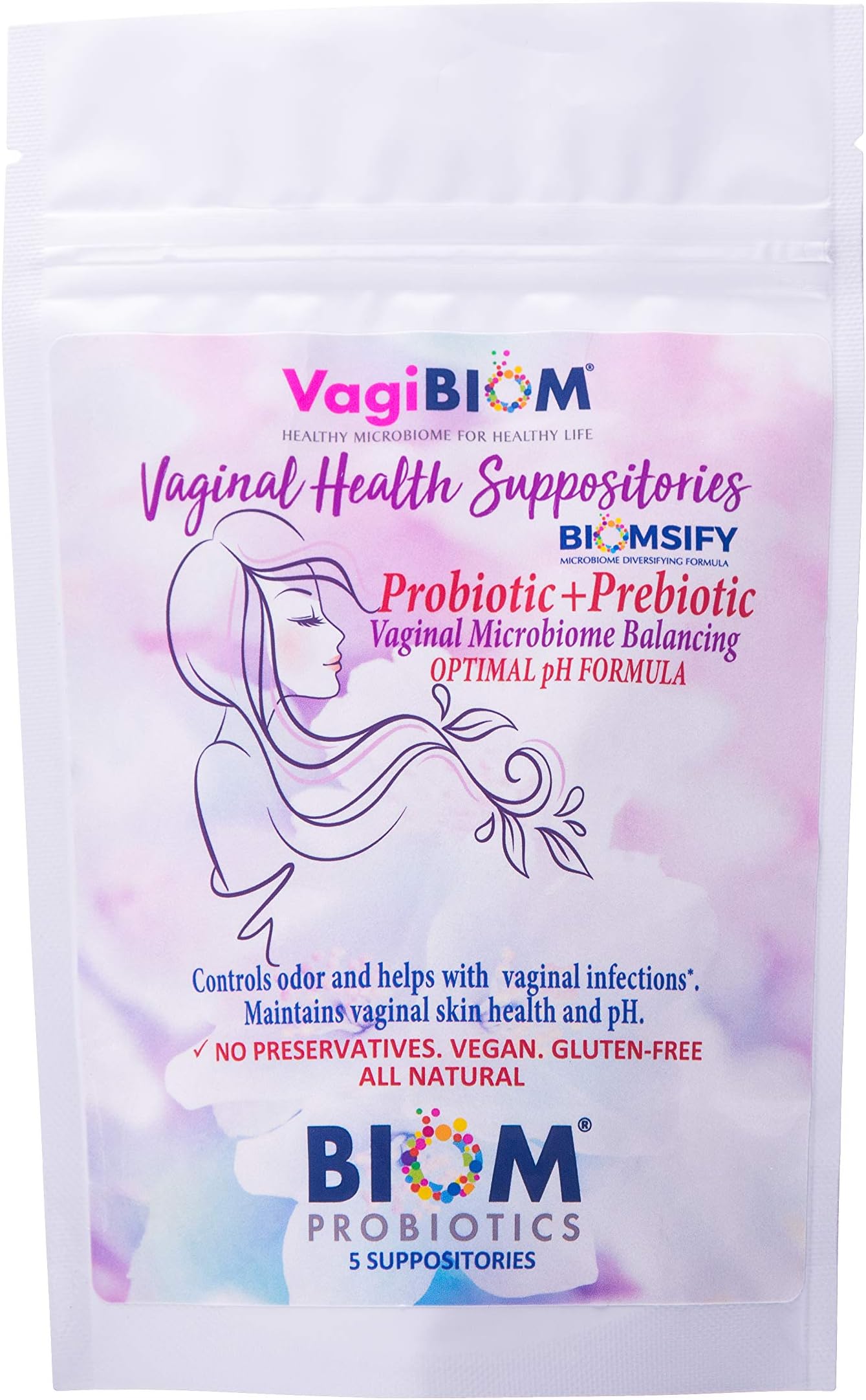 Biom Vaginal Probiotic Suppository: Natural Vaginal pH and Odor Control Regimen; Balance and Nourishes Vaginal Microbiome; No Parabens (5 Count)