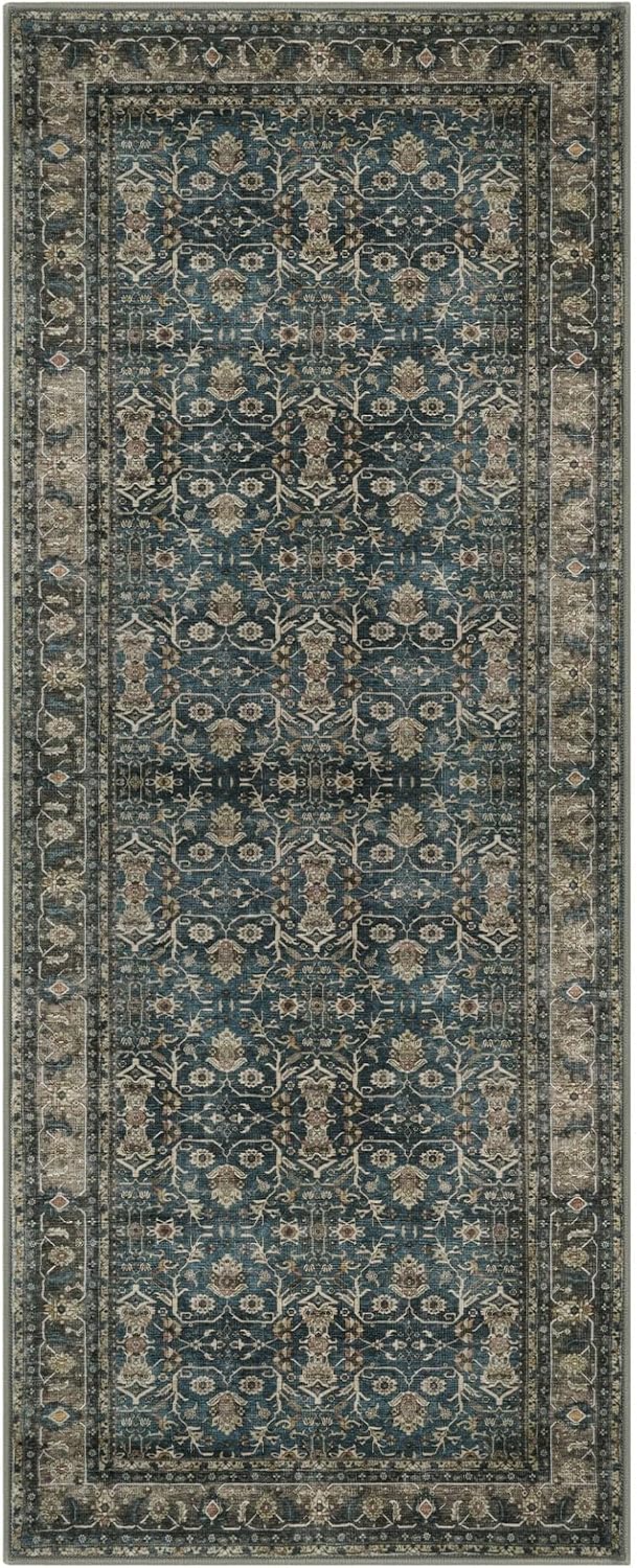 SIILOOM 2x5 Washable Rug Blue Brown Small Area Rug for Entryway, Soft Slip-Resistant Indoor Door Mat Tribal Floral Low-Pile Kitchen Rugs, Vintage Tribal Carpet for Entrance Kitchen Bedside