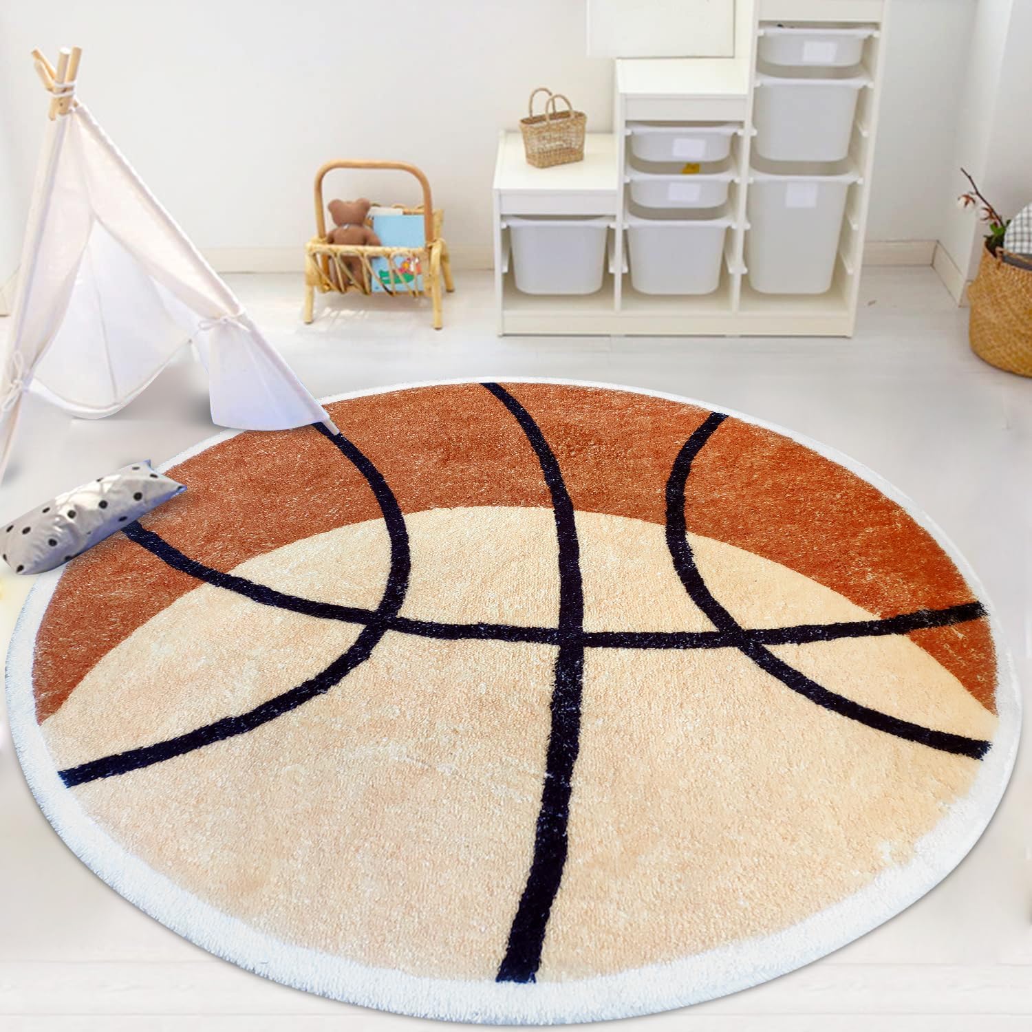 Round Basketball Kids Area Rug Soft Fluffy Kids Construction Rugs for Playroom Nonslip Digger Nursery Rug for Boys Room,4FT