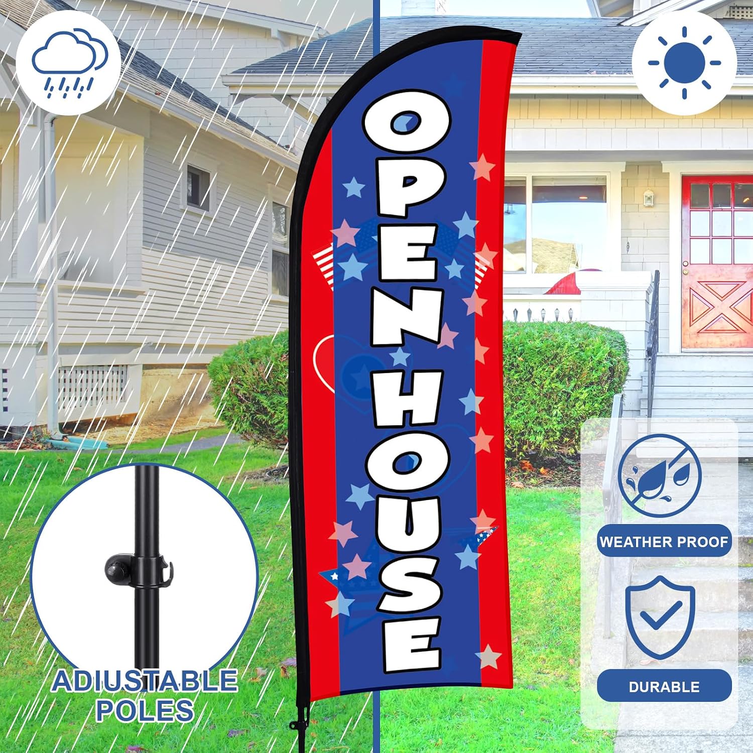 Buryeah 4 Pack Open House Flags Signs for Real Estate Agents 7x5.4 Ft Feather Flag Sign with Flagpole Ground Stake Portable Bag Real Estate Flags Opening Signs Banner Set for Business (Blue and Red)
