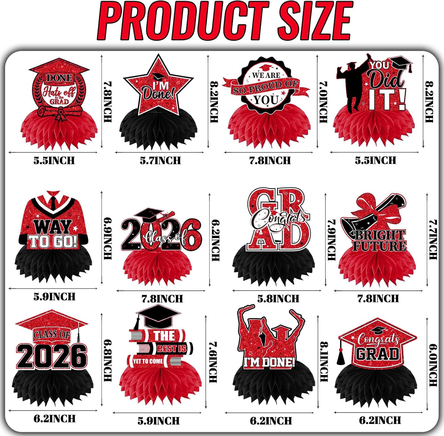 Red and Black Graduation Decorations Class Of 2026 Honeycomb Centerpiece,12pcs Red Graduation Table Decorations Congrats Graduation Centerpieces for Tables