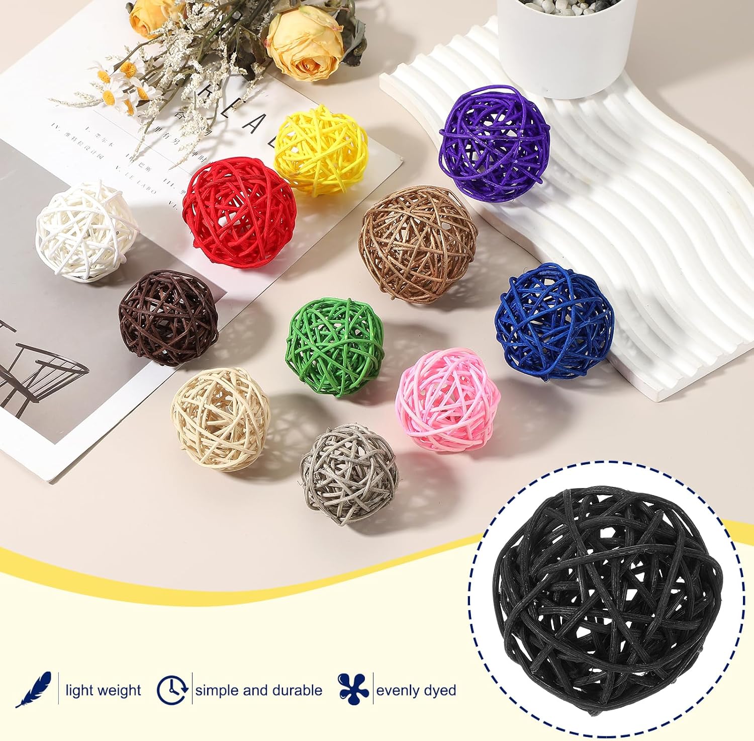 MECCANIXITY 24 Pcs Wicker Rattan Balls 2.4 Inch Rattan Decorative Balls Vase Fillers for Wedding Party Centerpiece Bowls Home Decoration, Black