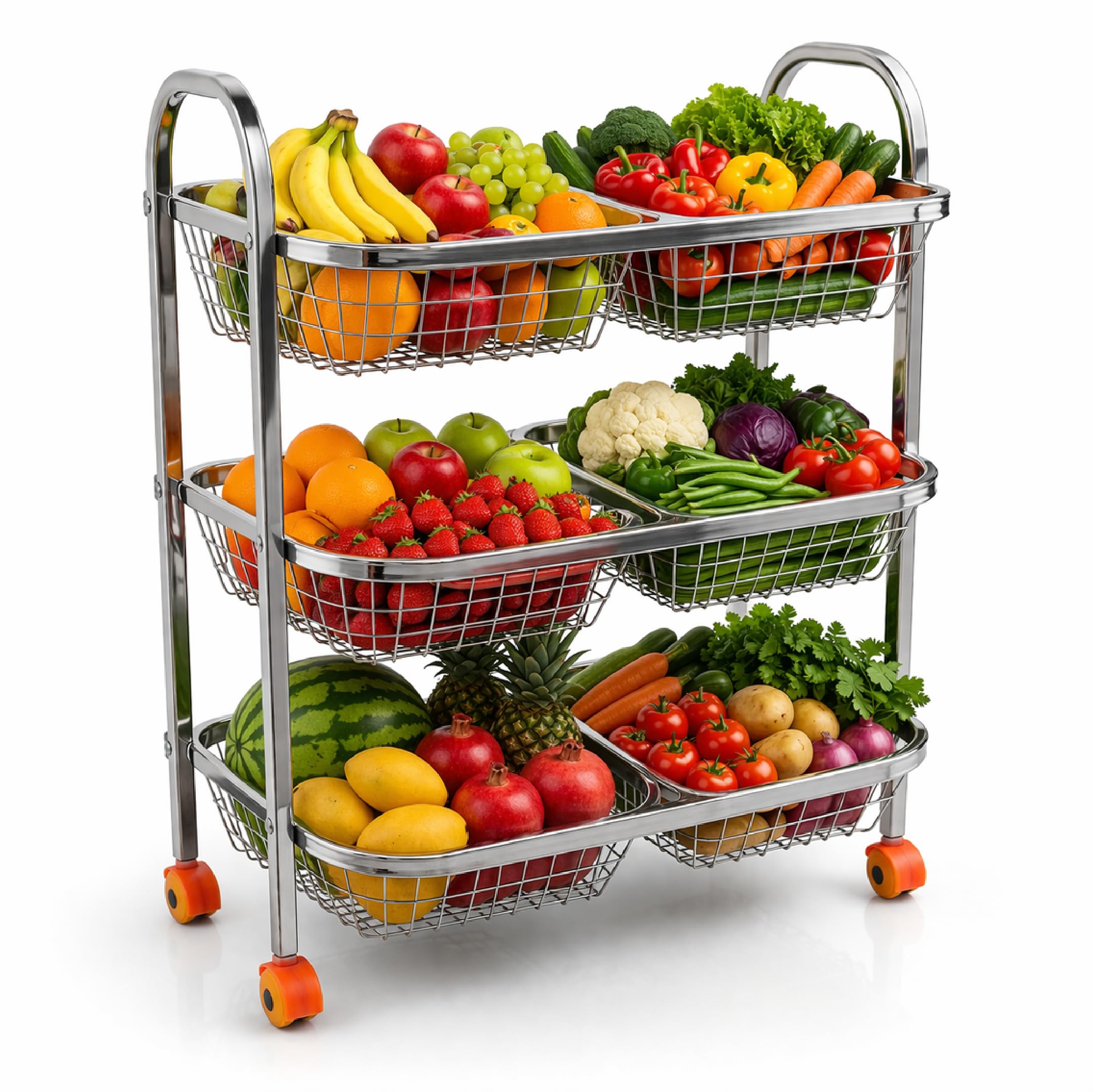 MIKANIX Stainless Steel Kitchen Storage Trolley with Wheels | Multipurpose Rolling Basket Organizer Rack for Fruits & Vegetables for Kitchen Items (3 Rack with 6 PARTITION)-image-34
