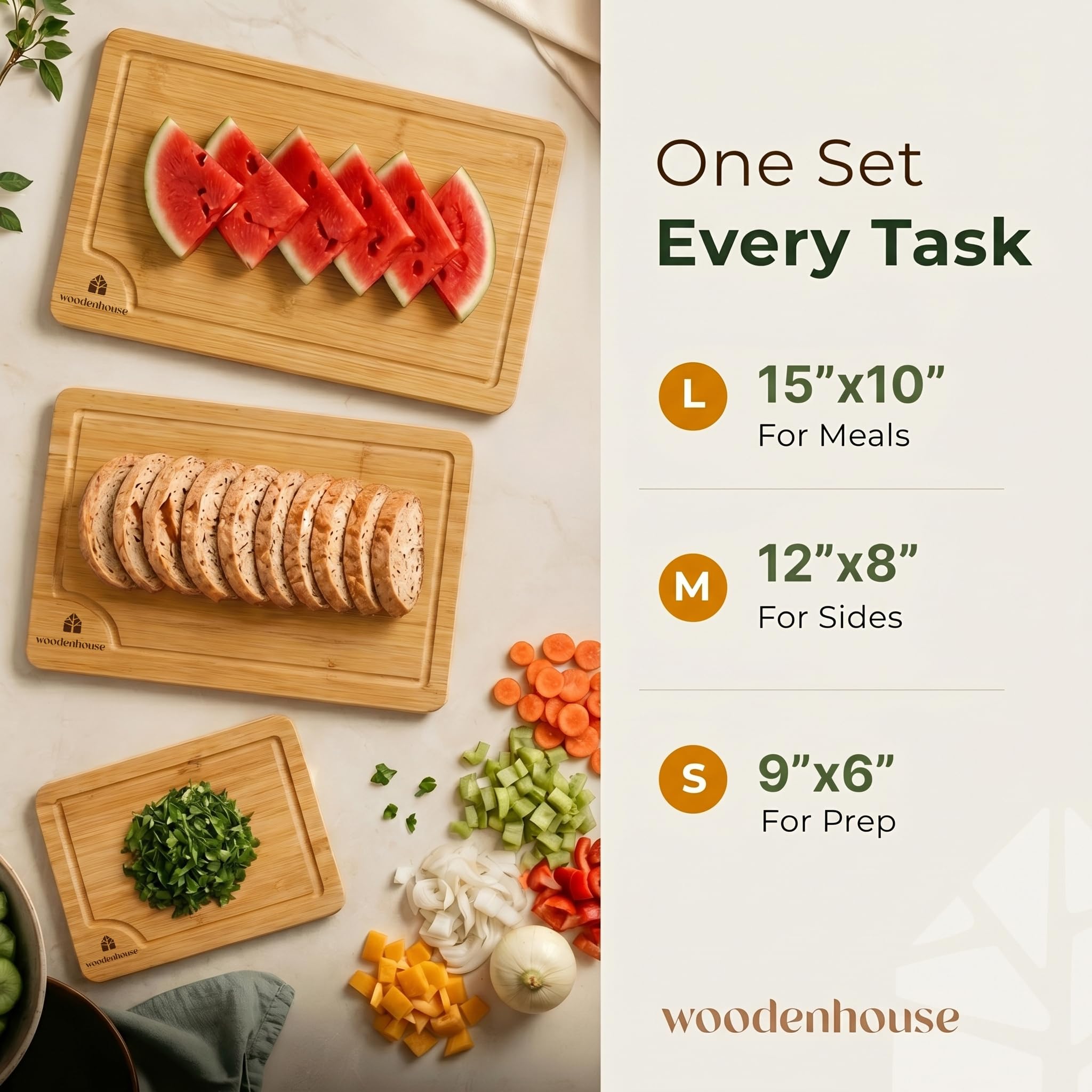 Juego de 3 tablas de cortar de bambú, tablas de cortar de madera gruesas y duraderas con ranuras profundas para jugo y asas integradas, superficie grande, fácil de limpiar, para carne, verduras y