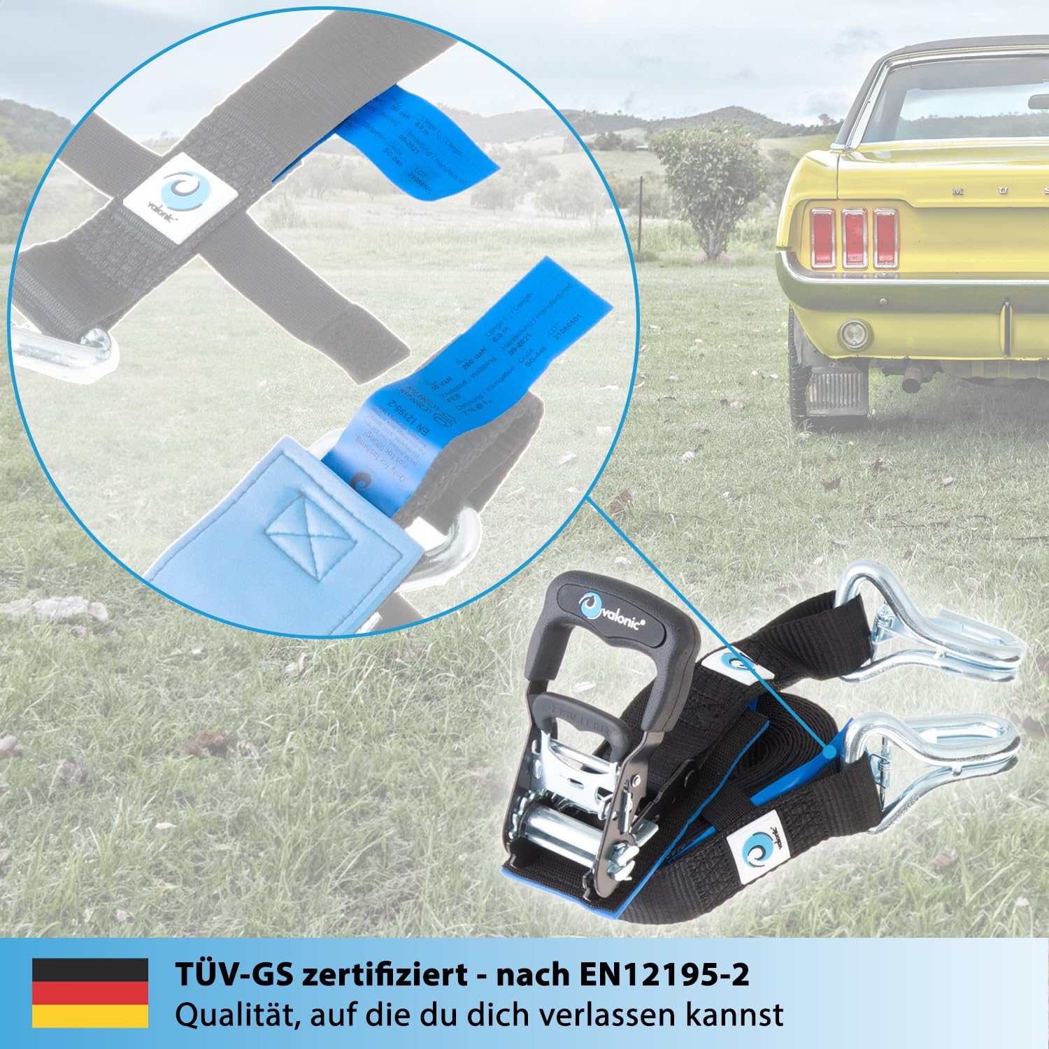 valonic Buffalo - 2X 6m Spanngurte mit Haken, Blaue Fahne, 38mm, 1000/2000 Kg, mit Polsterung, DIN EN 12195-2 - zweiteilig, Transport Gurt mit Ratsche für LKW, Anhänger