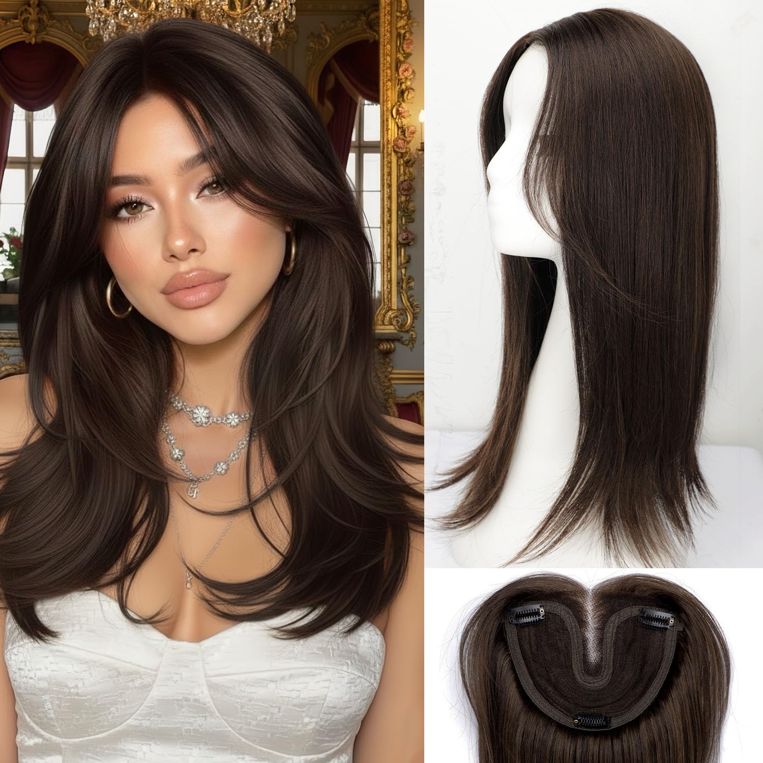 Photo 1 of Isaic Hair Toppers for Women 18 Inch Synthetic Hair Topper with 360° Clips In and Adjustable Band, Layered Design Adds Natural Volume for Thinning Hair (Chocolate Brown with Dark Brown4/6#)