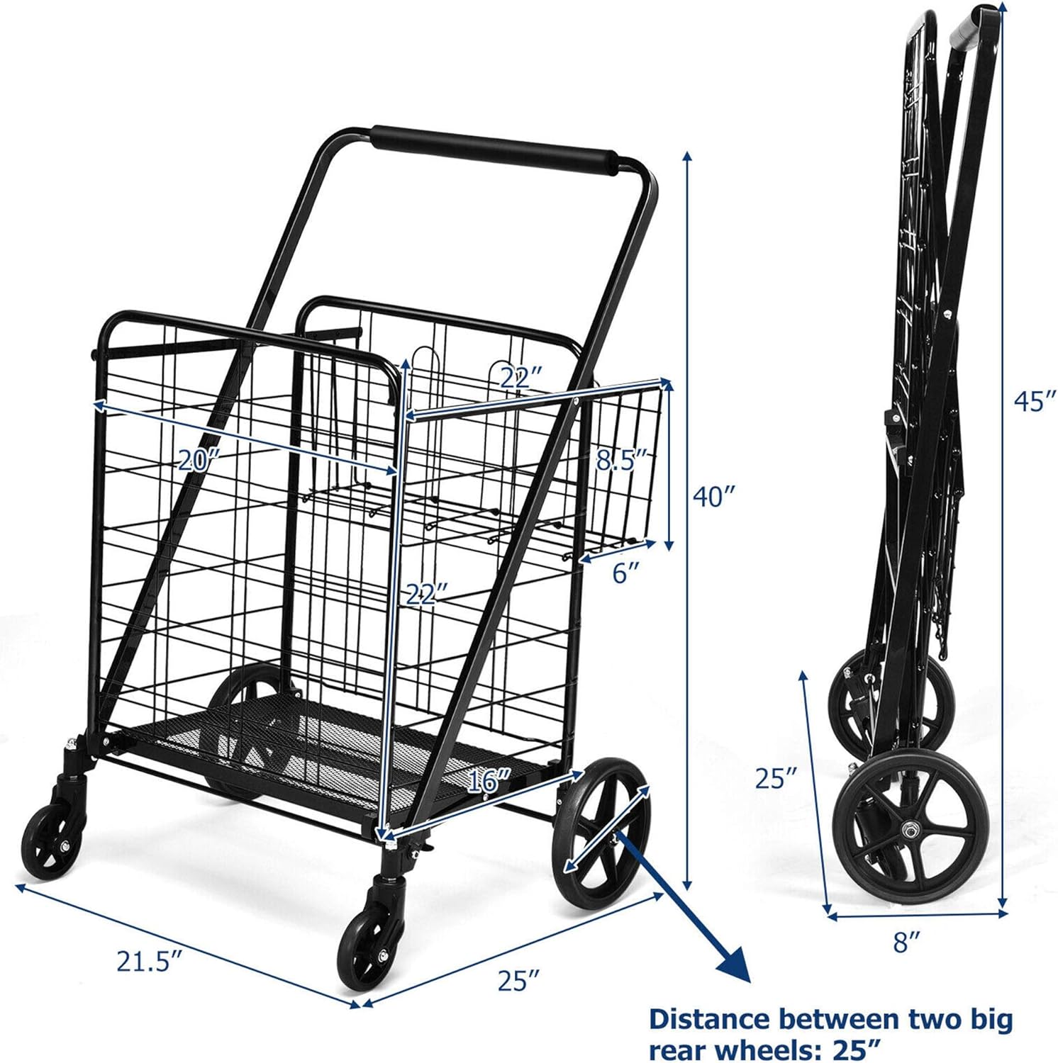 DORTALA Folding Shopping Cart with detailed dimensions labeled