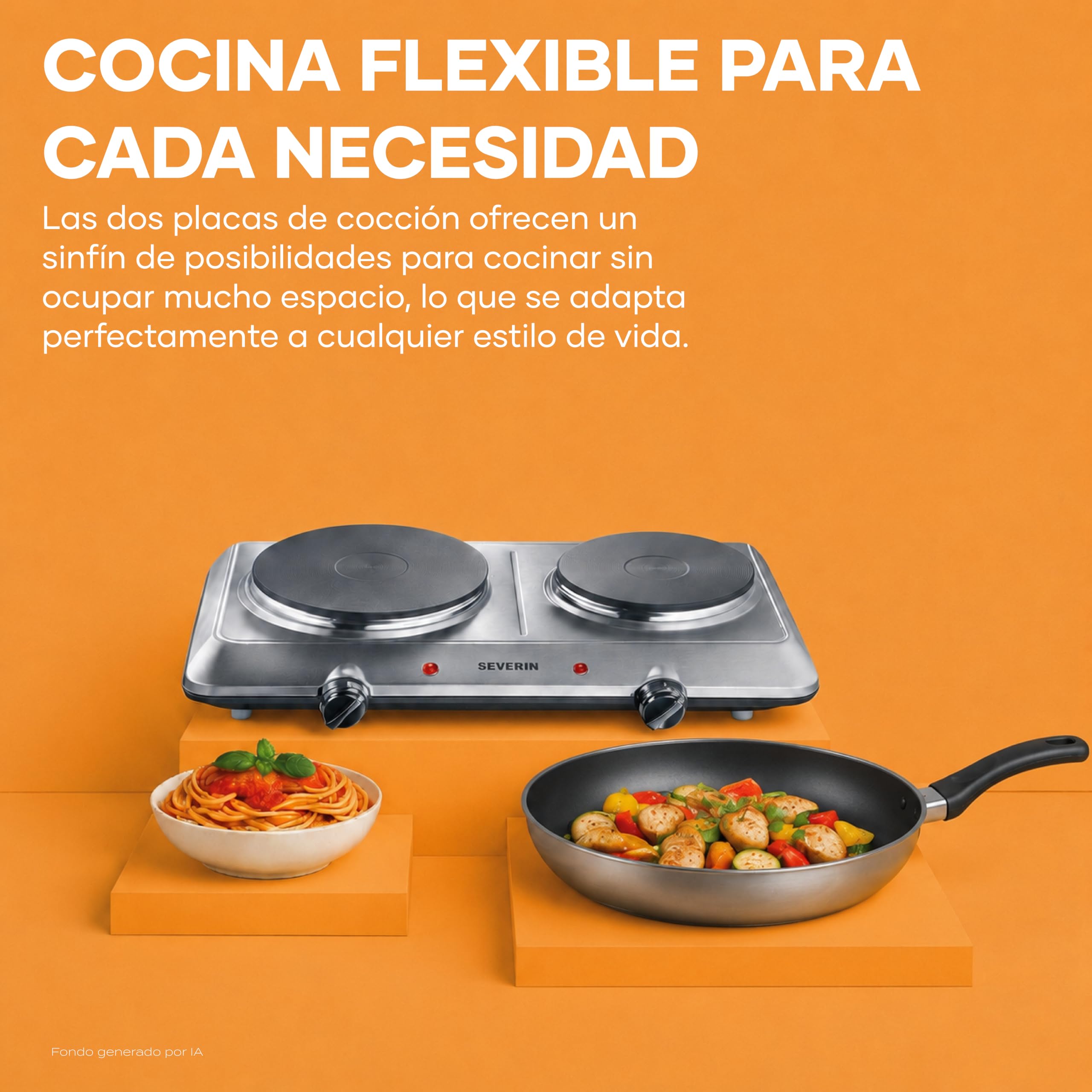 Severin Placa de cocina doble, eléctrica, con 2 fuegos, hornillo de camping | 2 anillos calefactores, 1000/1500 W, potencia regulable, 2 placas, luz indicadora, acero inoxidable, color plateado, 1014